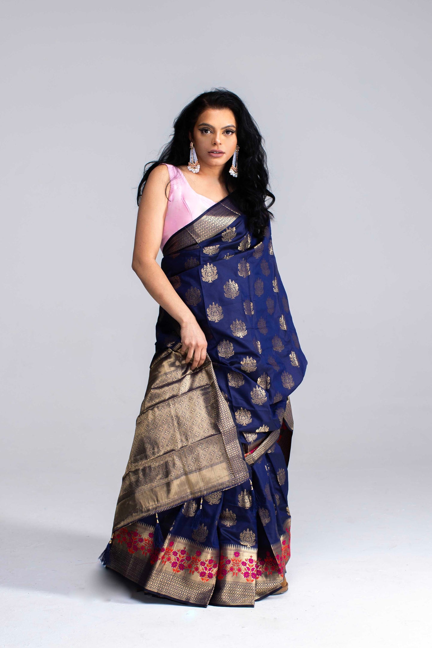 Stunning Navy Blue Saree with Gold Butta & Floral Border