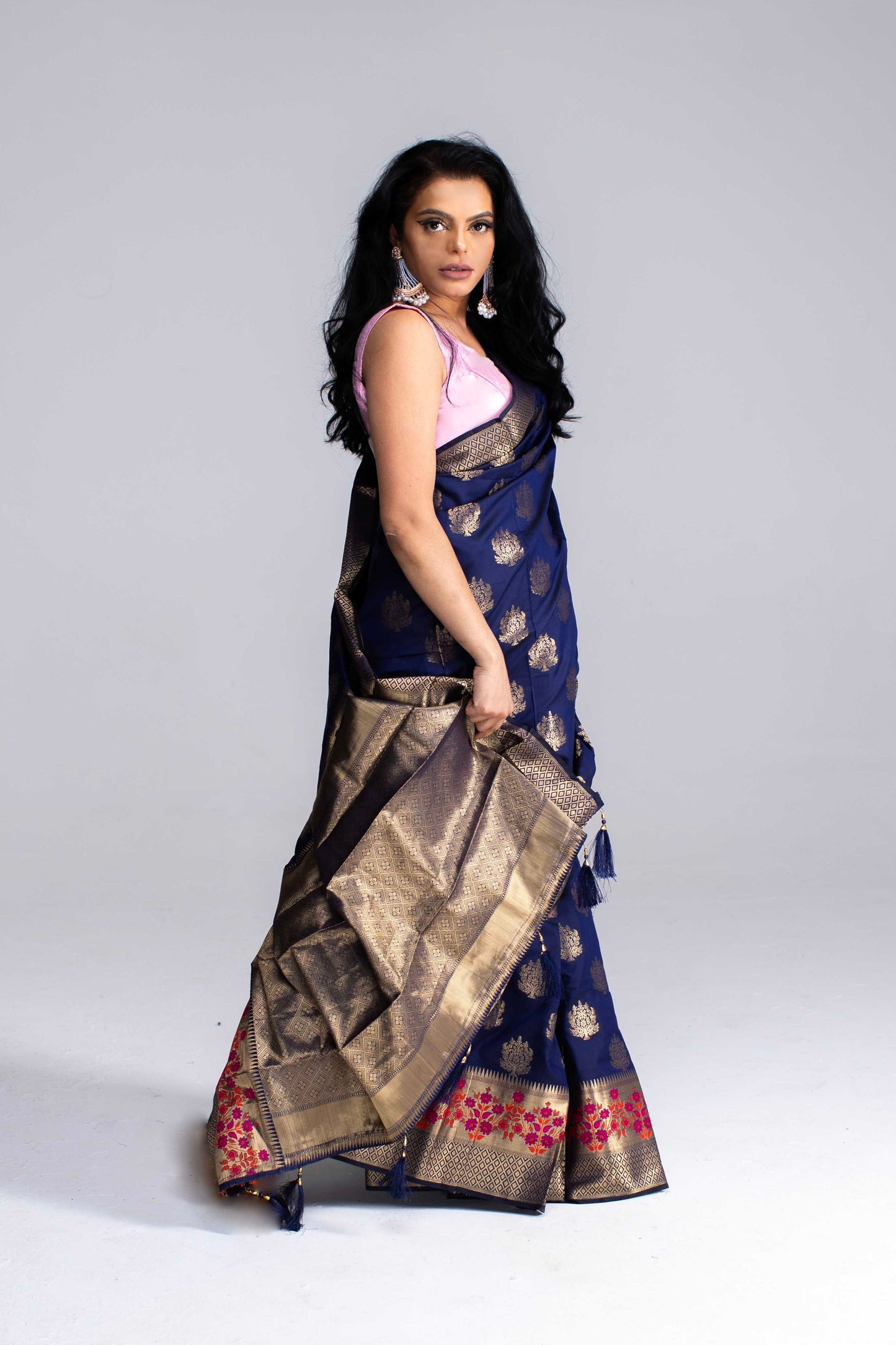 Stunning Navy Blue Saree with Gold Butta & Floral Border