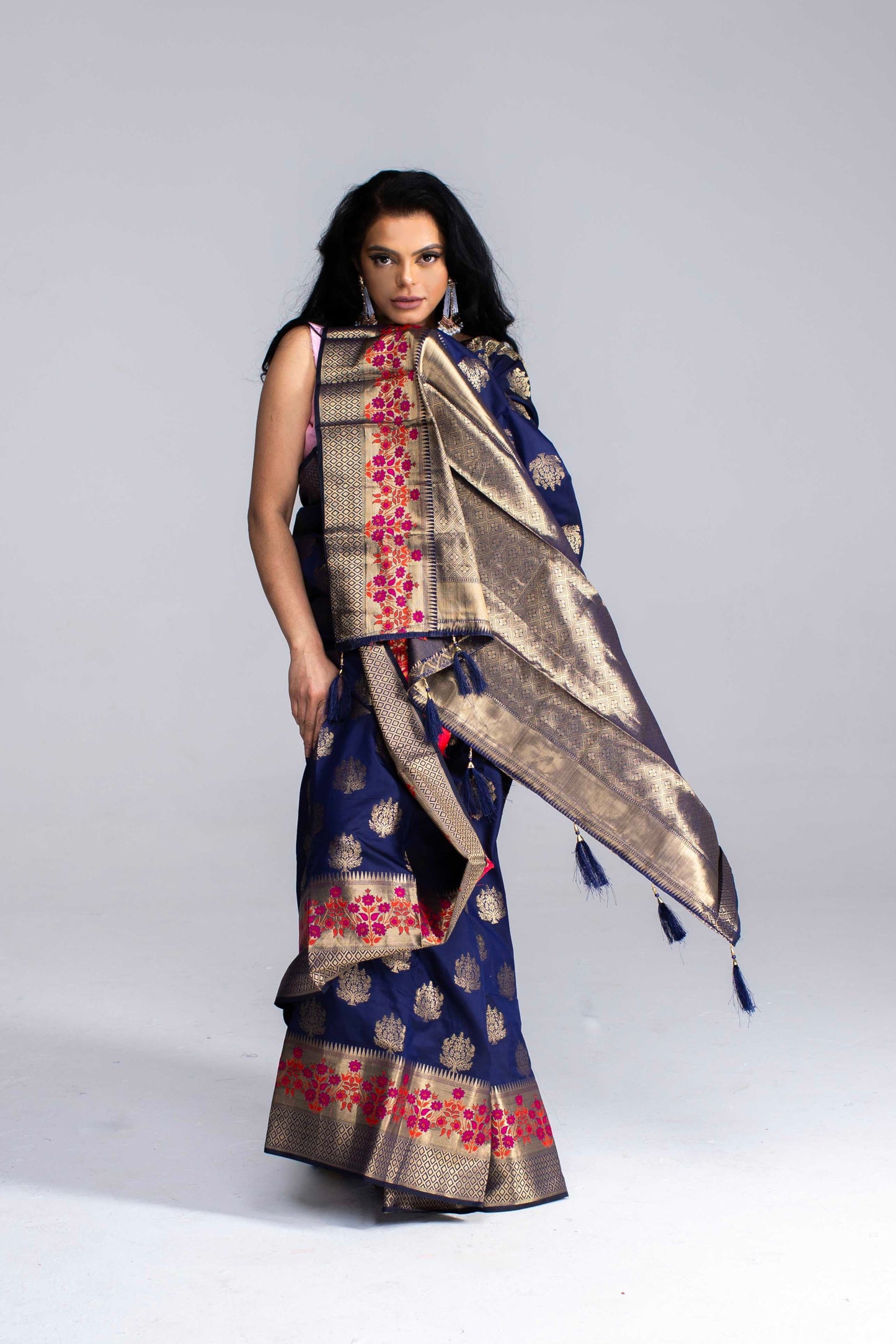 Stunning Navy Blue Saree with Gold Butta & Floral Border