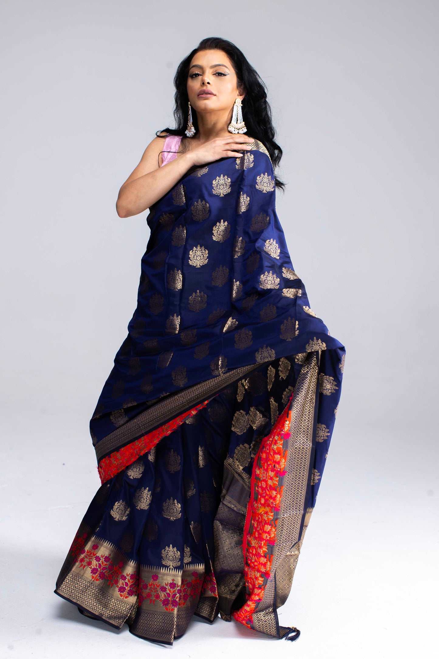 Stunning Navy Blue Saree with Gold Butta & Floral Border