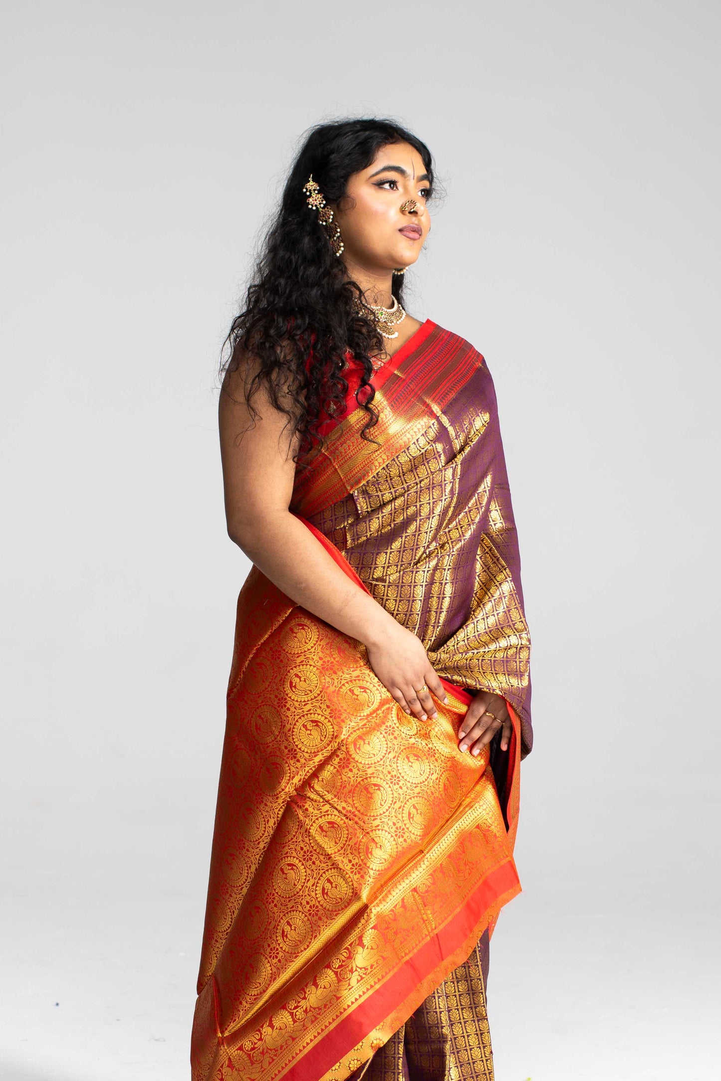 Luxurious Coffee Brown Saree with Full Golden Body & Red Border