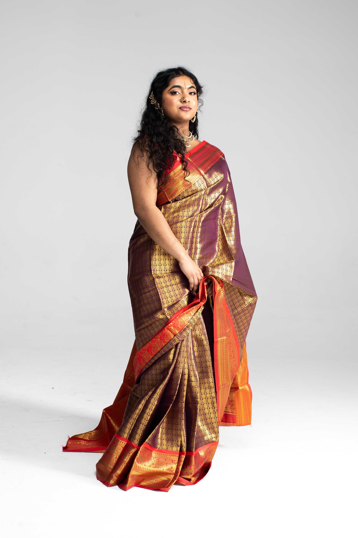 Luxurious Coffee Brown Saree with Full Golden Body & Red Border