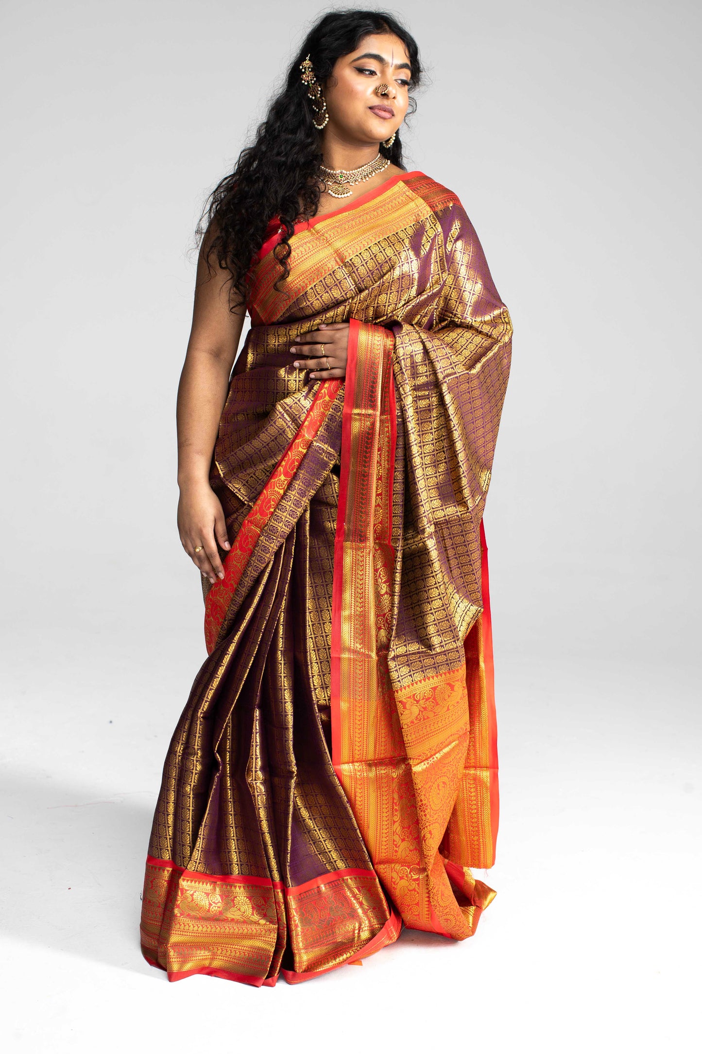 Luxurious Coffee Brown Saree with Full Golden Body & Red Border