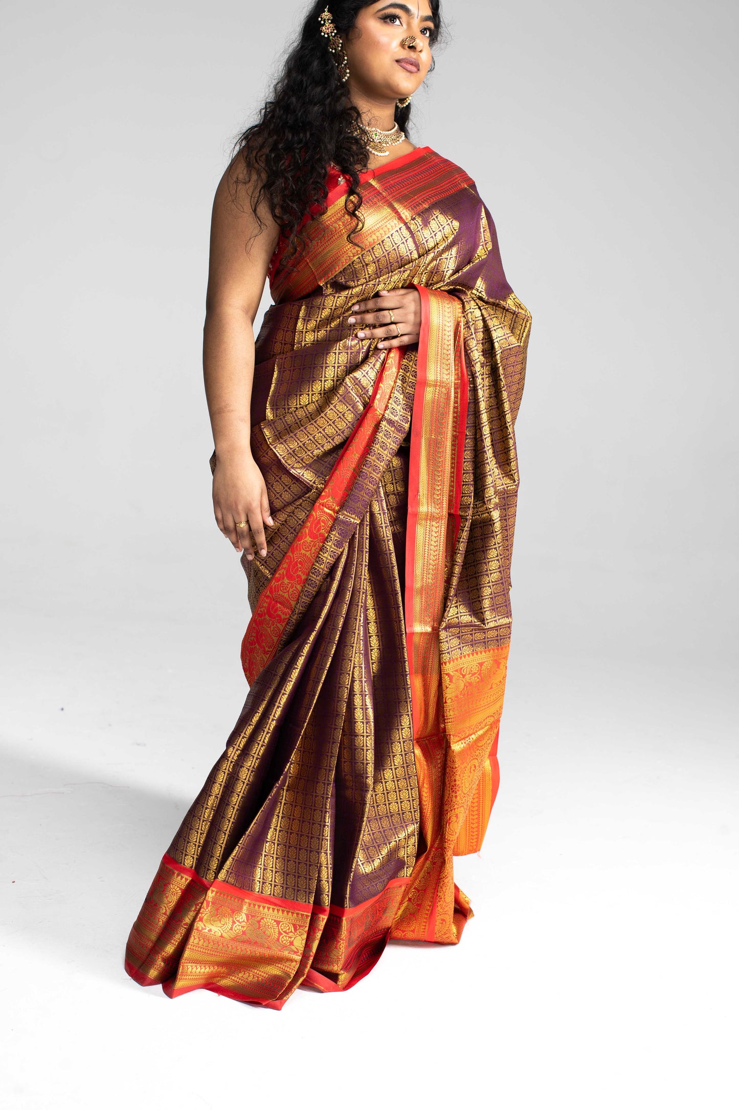 Luxurious Coffee Brown Saree with Full Golden Body & Red Border