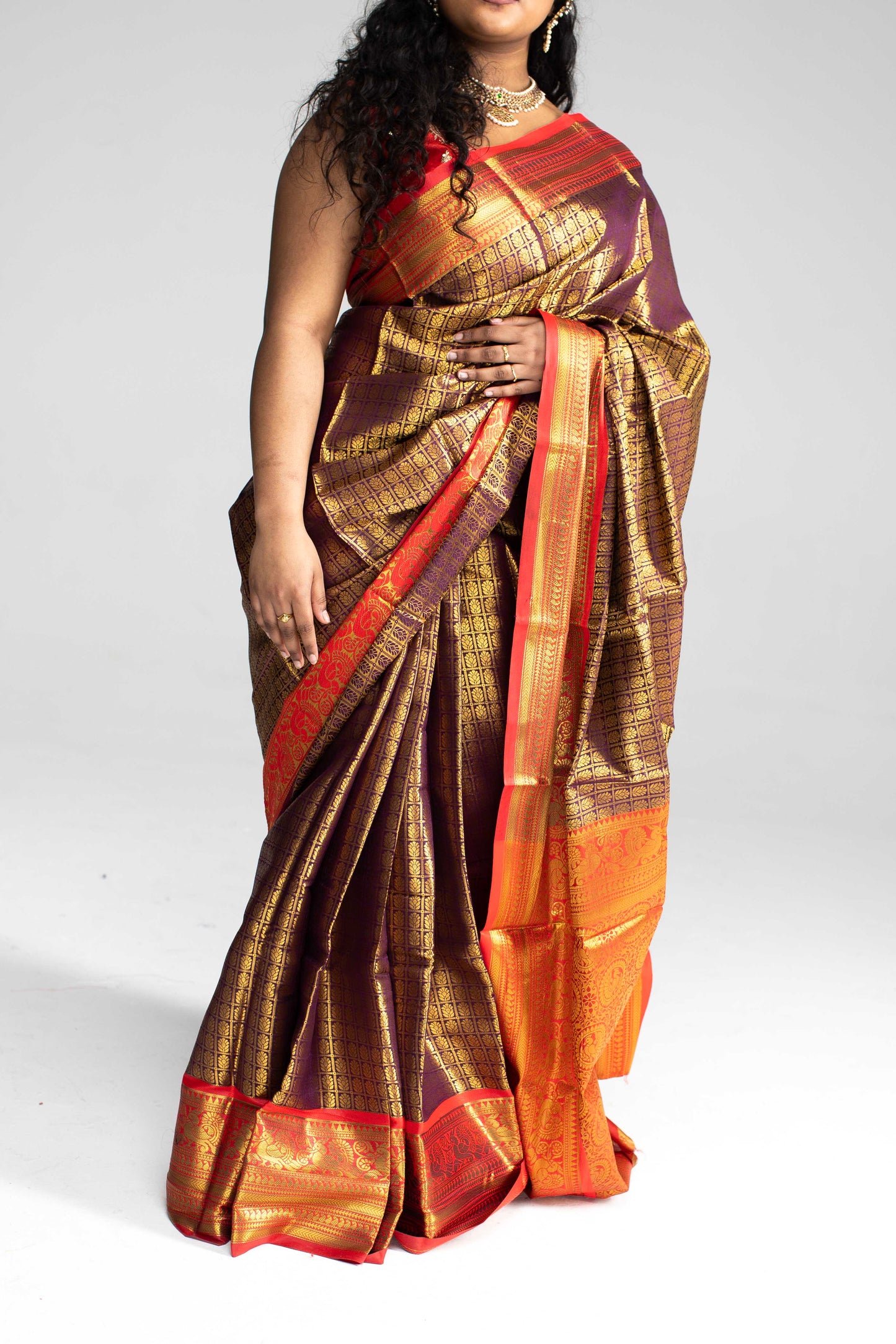 Luxurious Coffee Brown Saree with Full Golden Body & Red Border