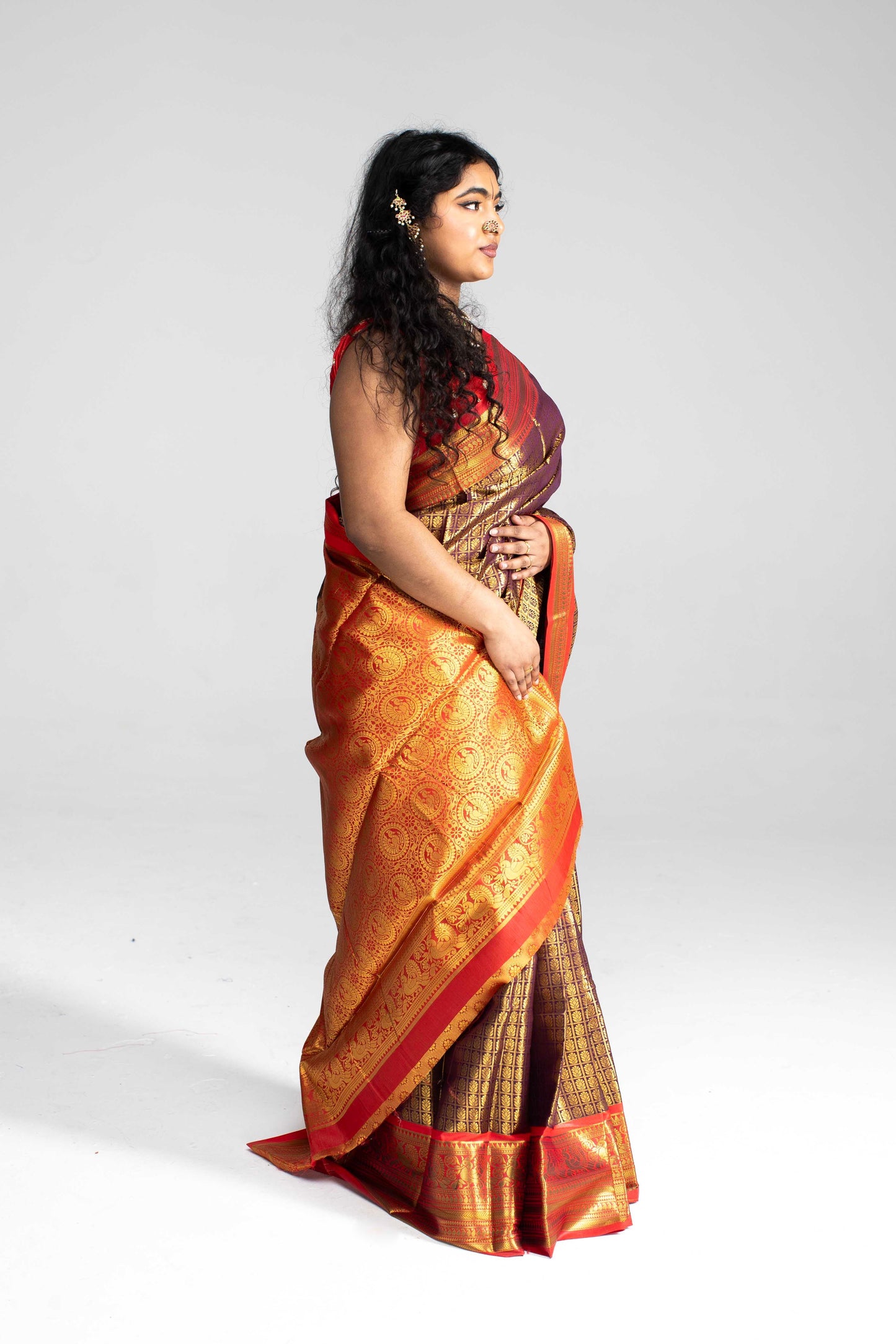 Luxurious Coffee Brown Saree with Full Golden Body & Red Border