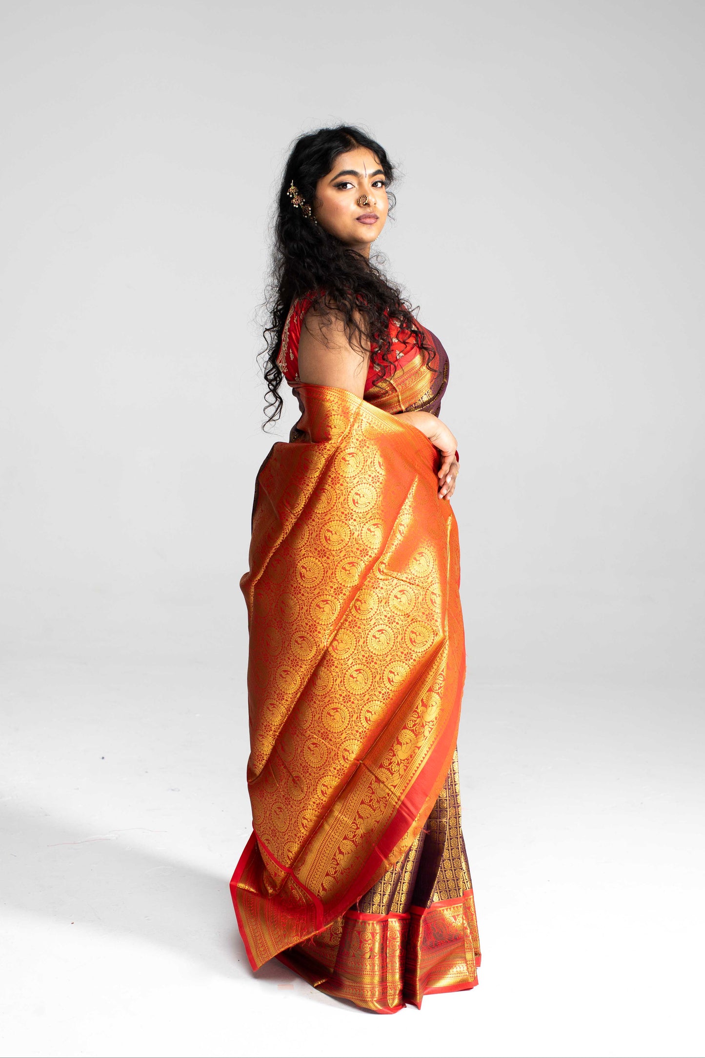 Luxurious Coffee Brown Saree with Full Golden Body & Red Border