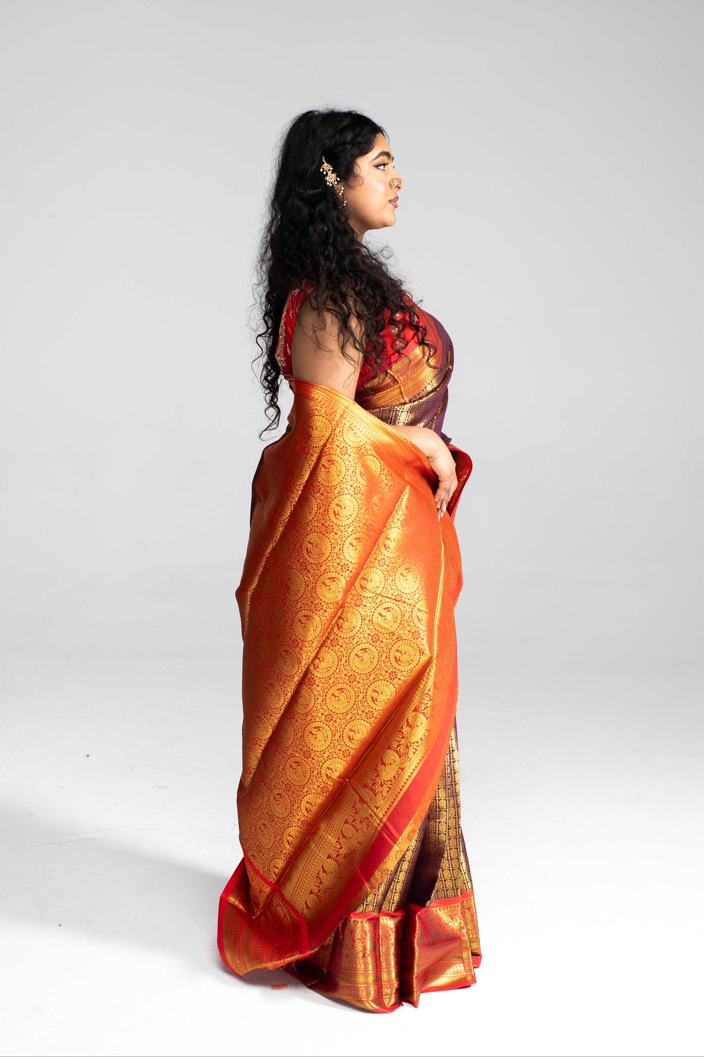 Luxurious Coffee Brown Saree with Full Golden Body & Red Border