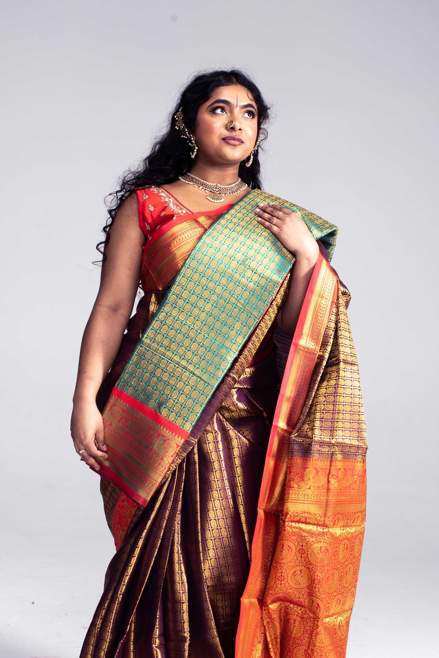 Luxurious Coffee Brown Saree with Full Golden Body & Red Border