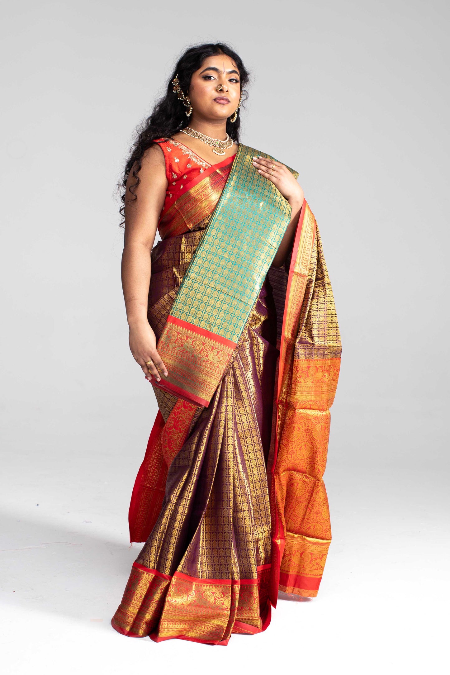 Luxurious Coffee Brown Saree with Full Golden Body & Red Border