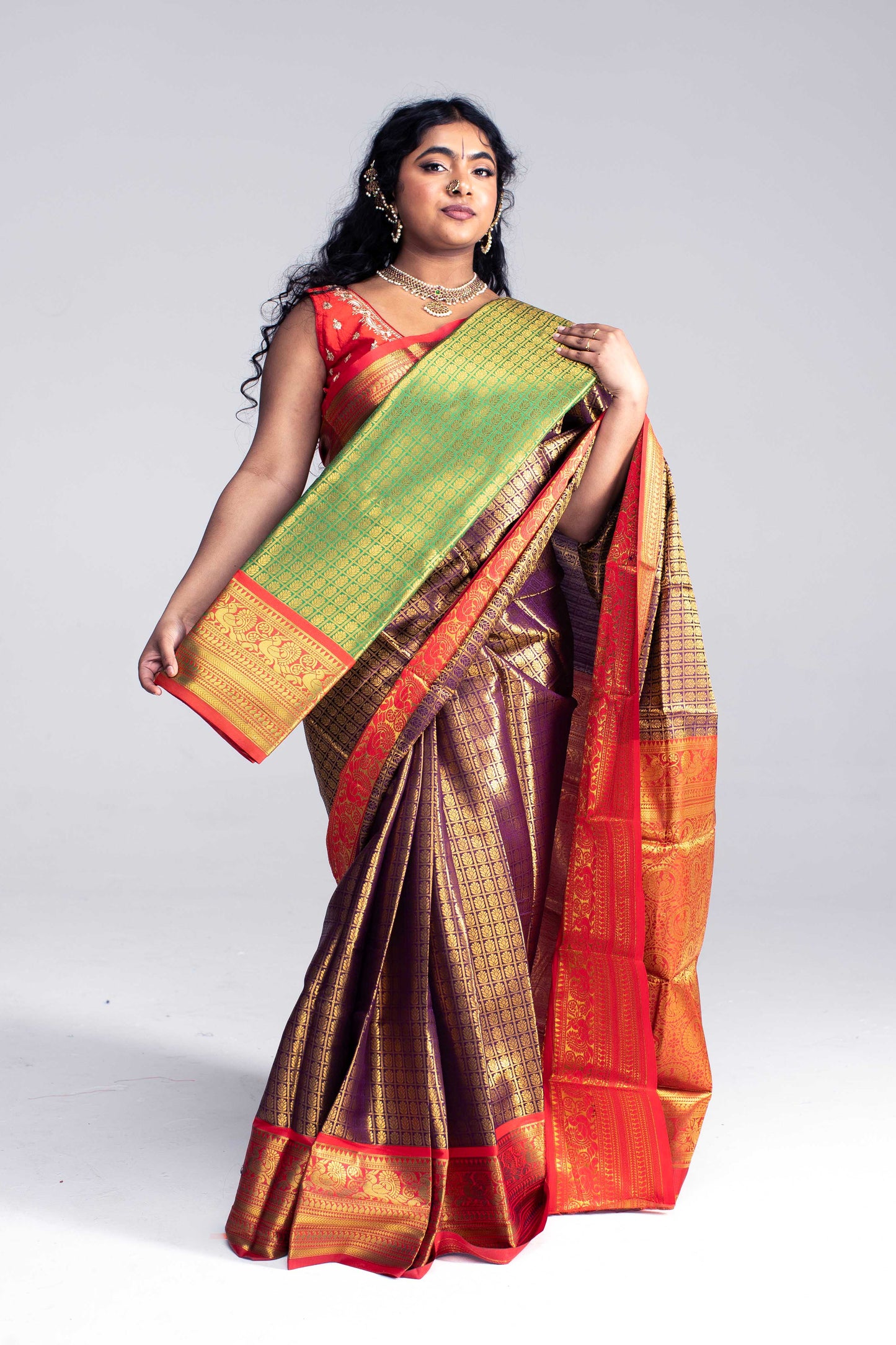 Luxurious Coffee Brown Saree with Full Golden Body & Red Border