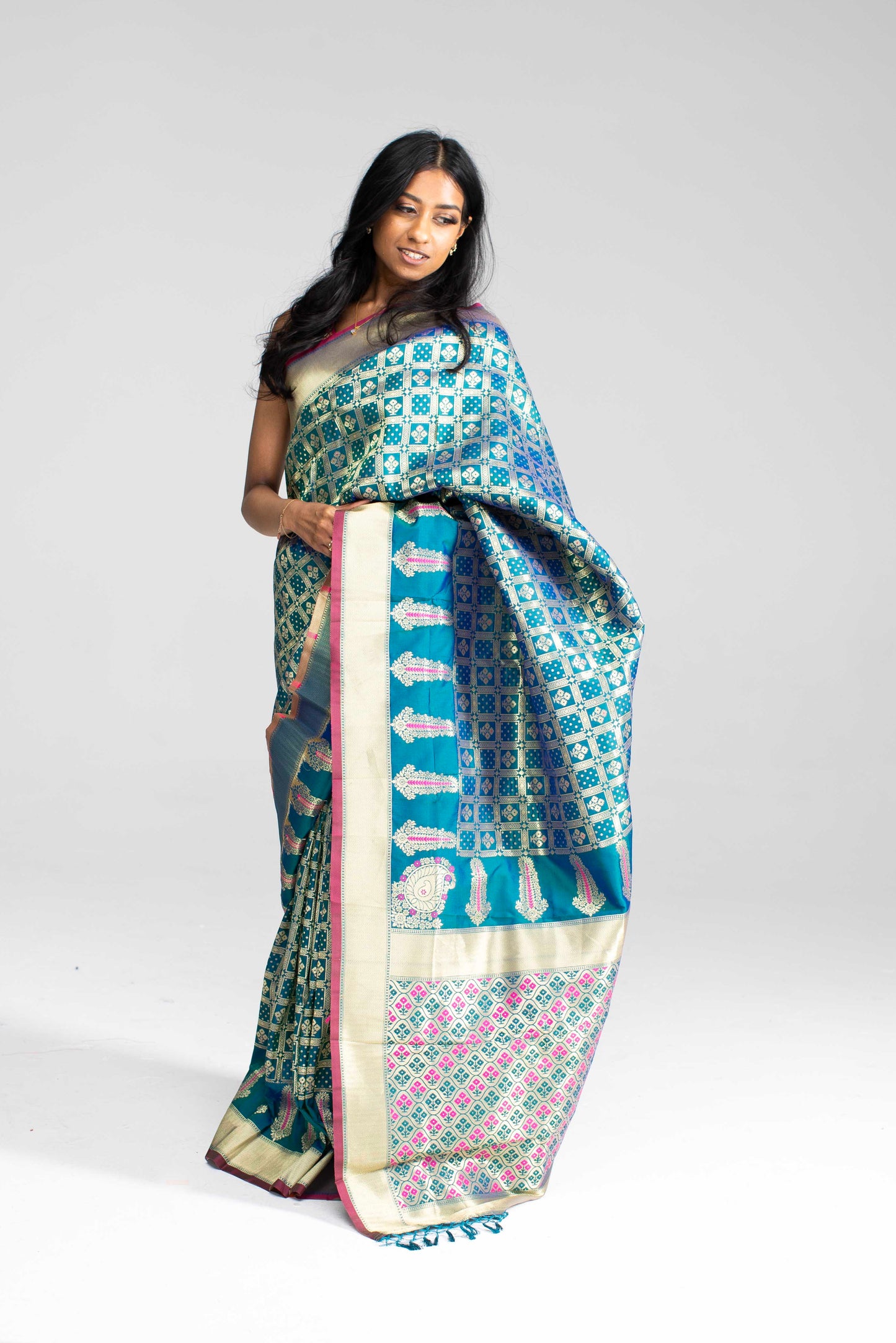 Teal Green Chequered Saree with Magenta Double Border & Trim