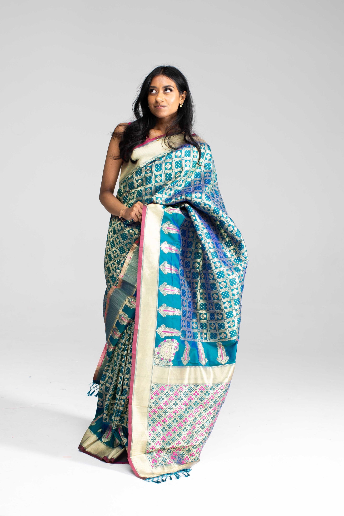 Teal Green Chequered Saree with Magenta Double Border & Trim