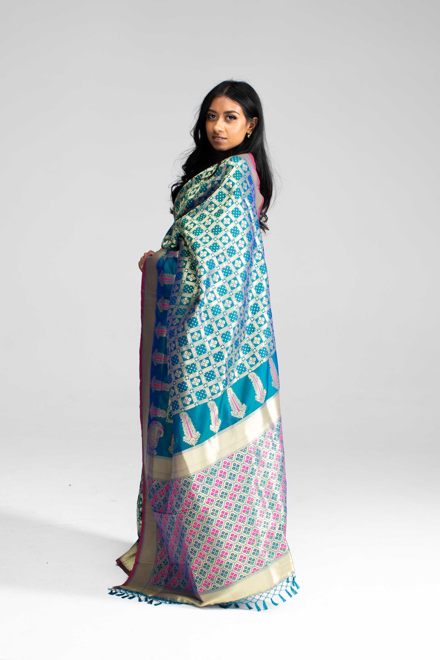 Teal Green Chequered Saree with Magenta Double Border & Trim