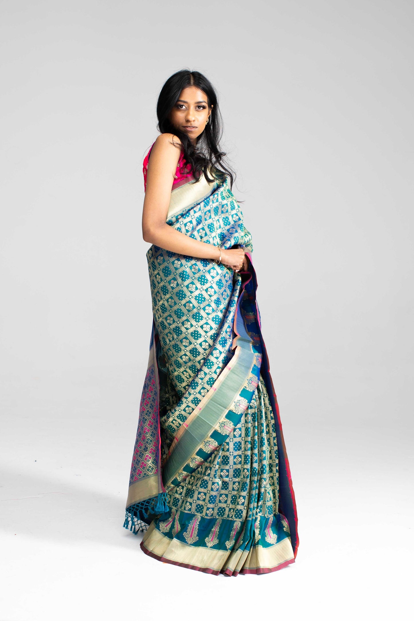 Teal Green Chequered Saree with Magenta Double Border & Trim