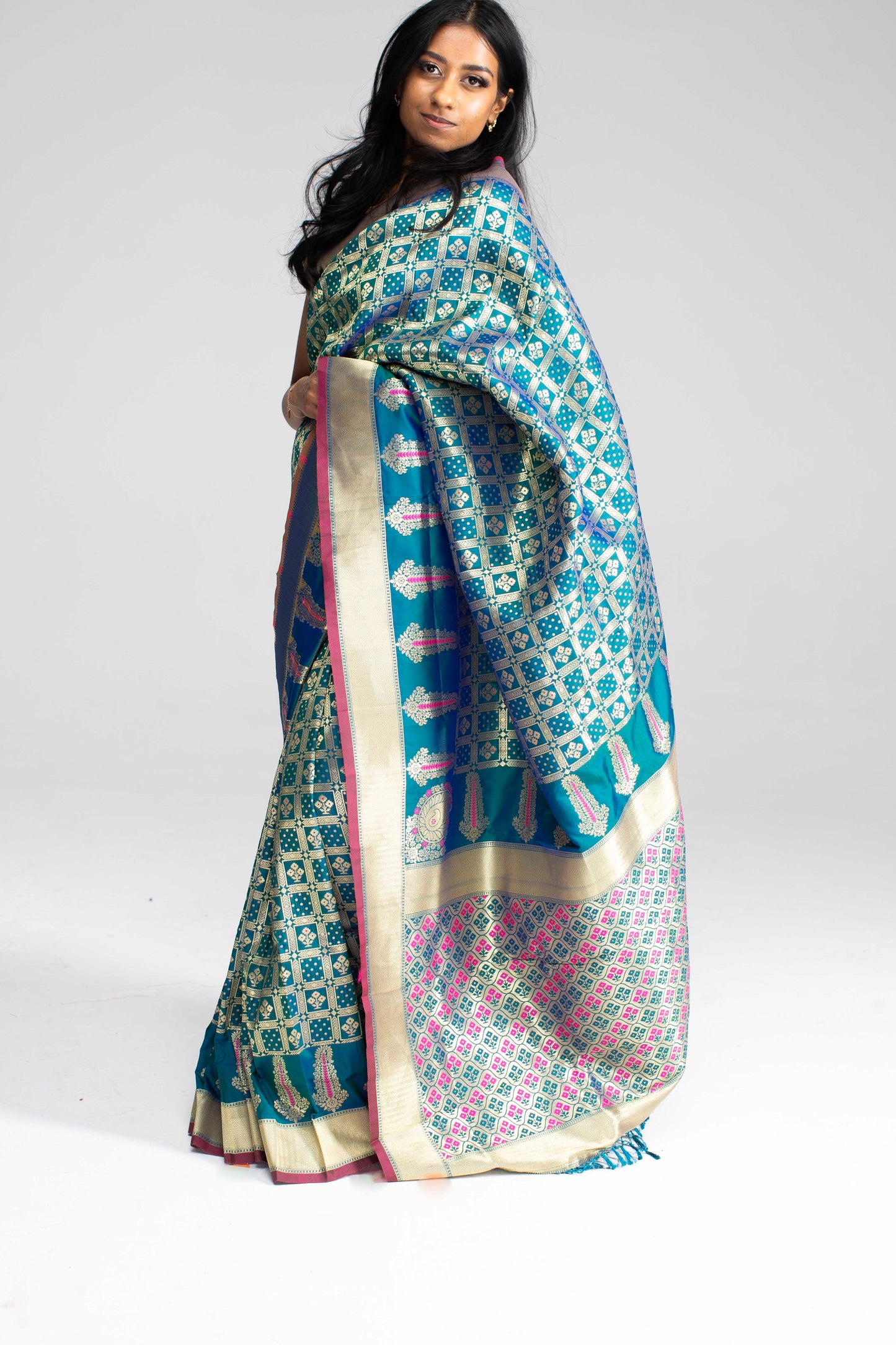 Teal Green Chequered Saree with Magenta Double Border & Trim