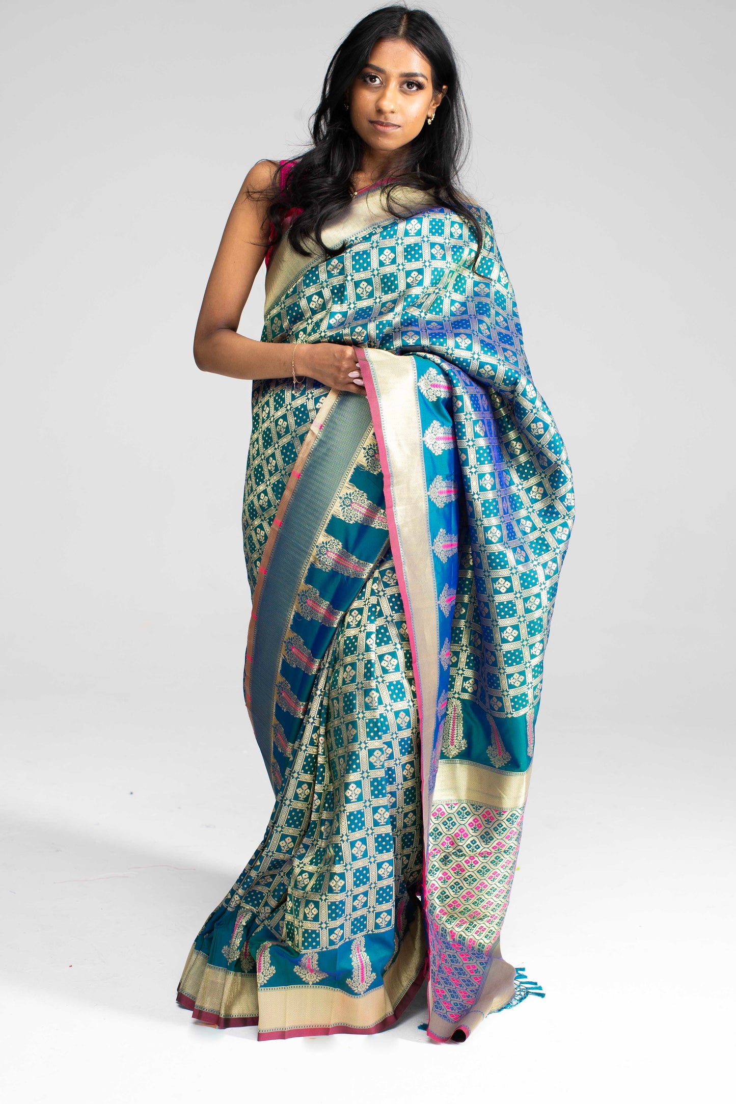 Teal Green Chequered Saree with Magenta Double Border & Trim