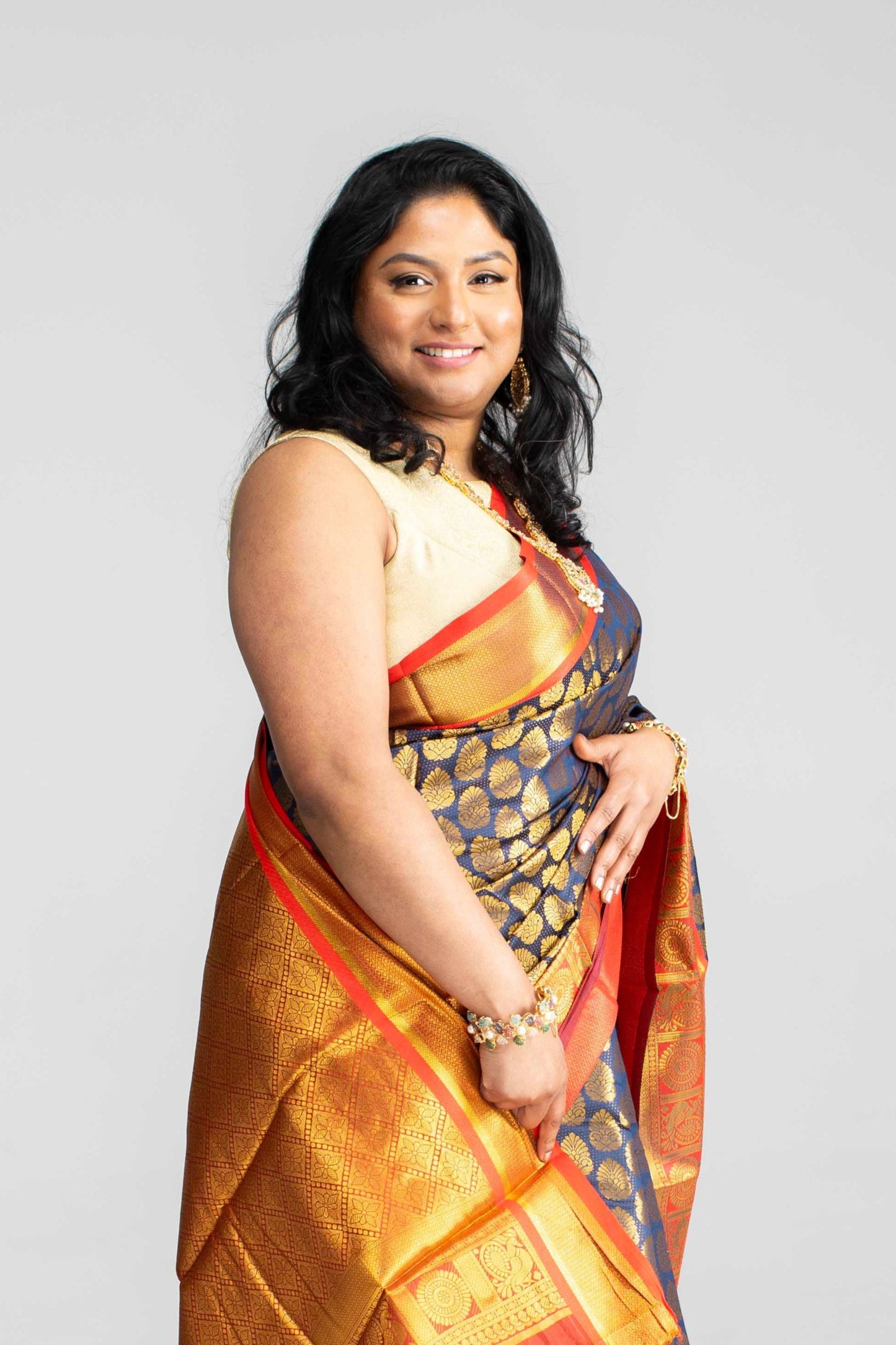 Rich Navy Blue Saree with Red Border & Pallu – Gold Butta Motifs | Available in 4 Elegant Colours