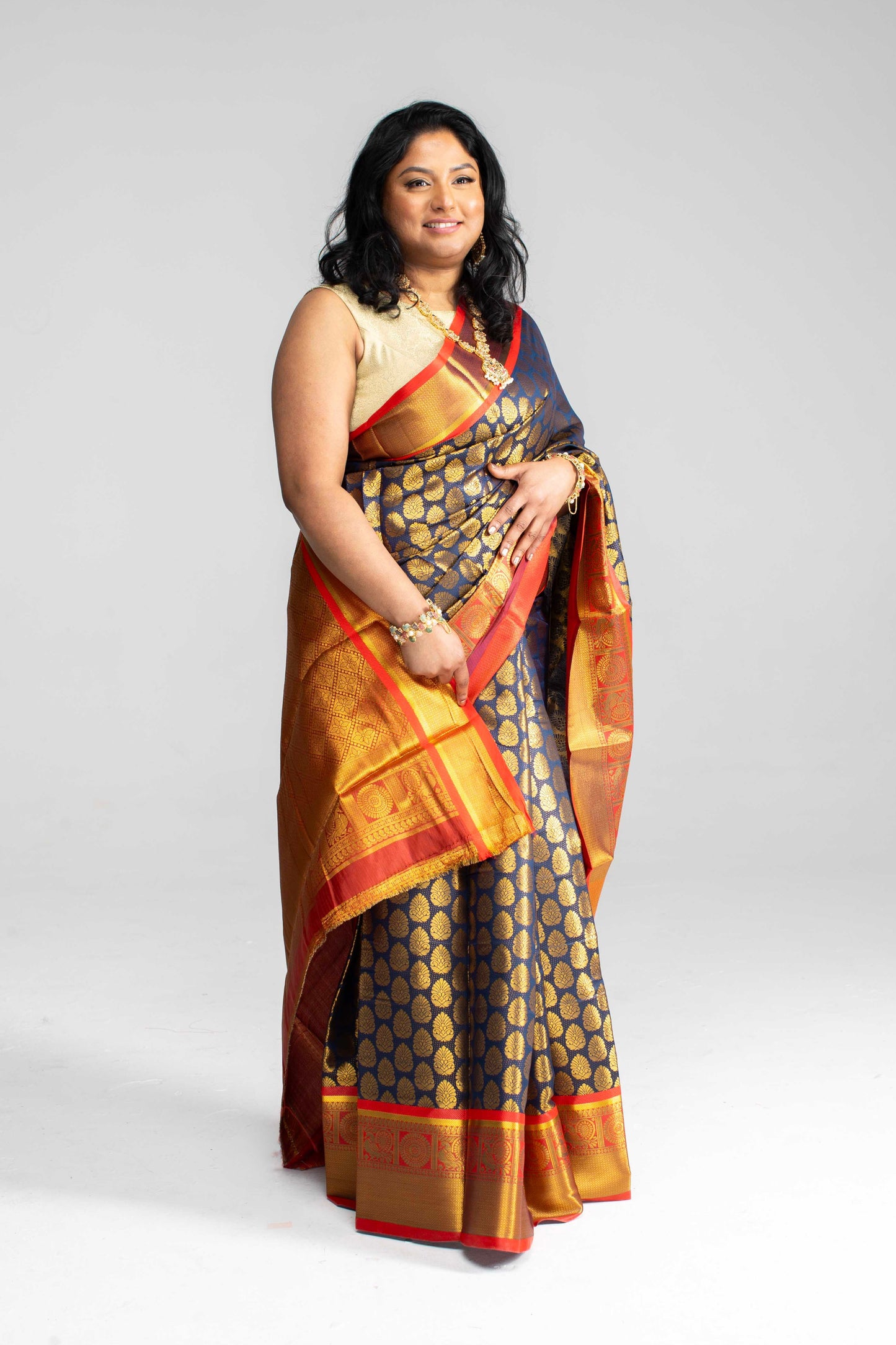 Rich Navy Blue Saree with Red Border & Pallu – Gold Butta Motifs | Available in 4 Elegant Colours