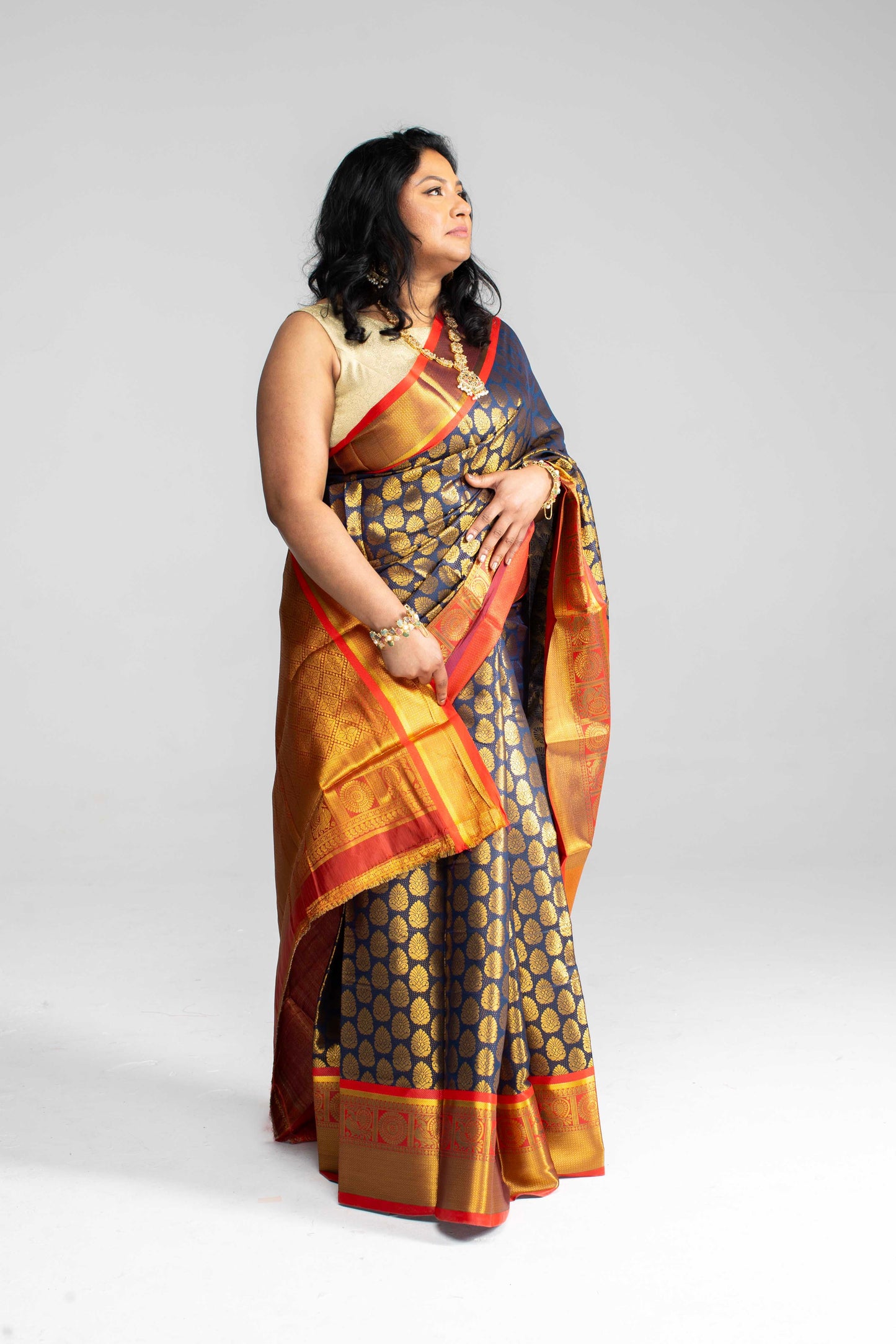 Rich Navy Blue Saree with Red Border & Pallu – Gold Butta Motifs | Available in 4 Elegant Colours
