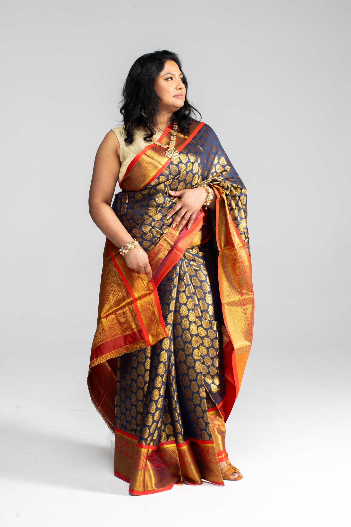 Rich Navy Blue Saree with Red Border & Pallu – Gold Butta Motifs | Available in 4 Elegant Colours