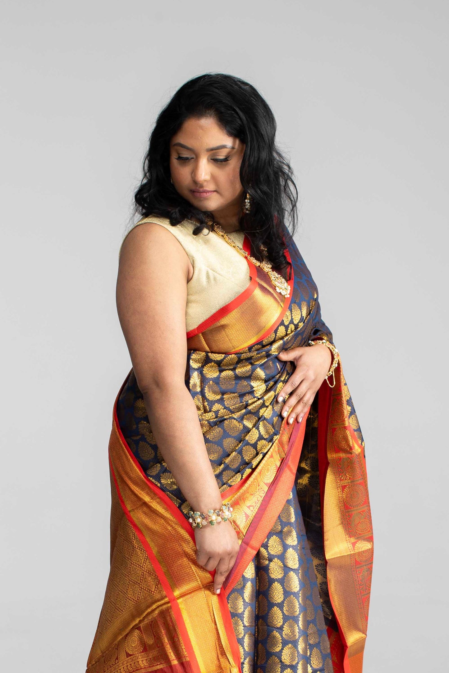 Rich Navy Blue Saree with Red Border & Pallu – Gold Butta Motifs | Available in 4 Elegant Colours