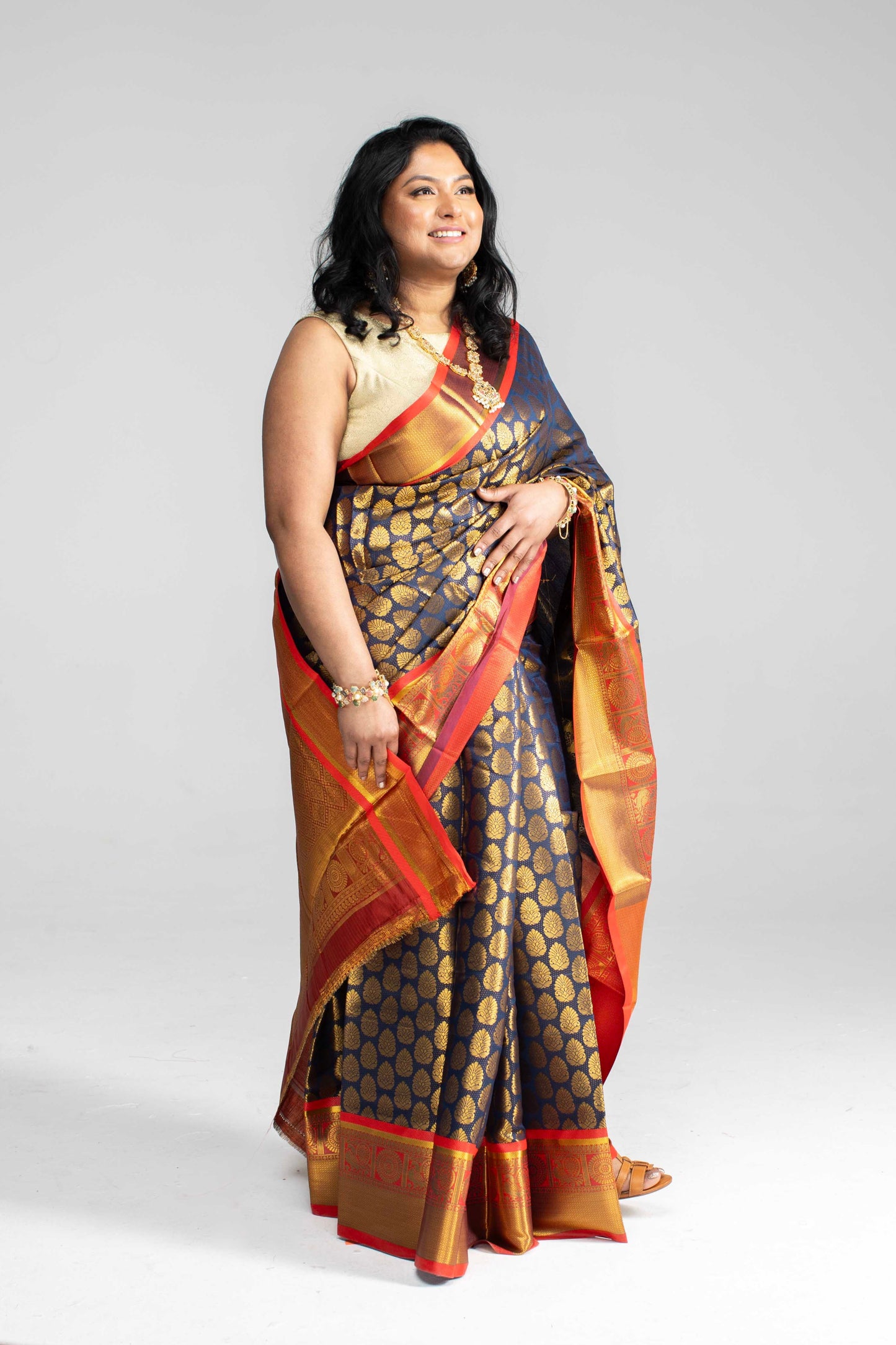 Rich Navy Blue Saree with Red Border & Pallu – Gold Butta Motifs | Available in 4 Elegant Colours