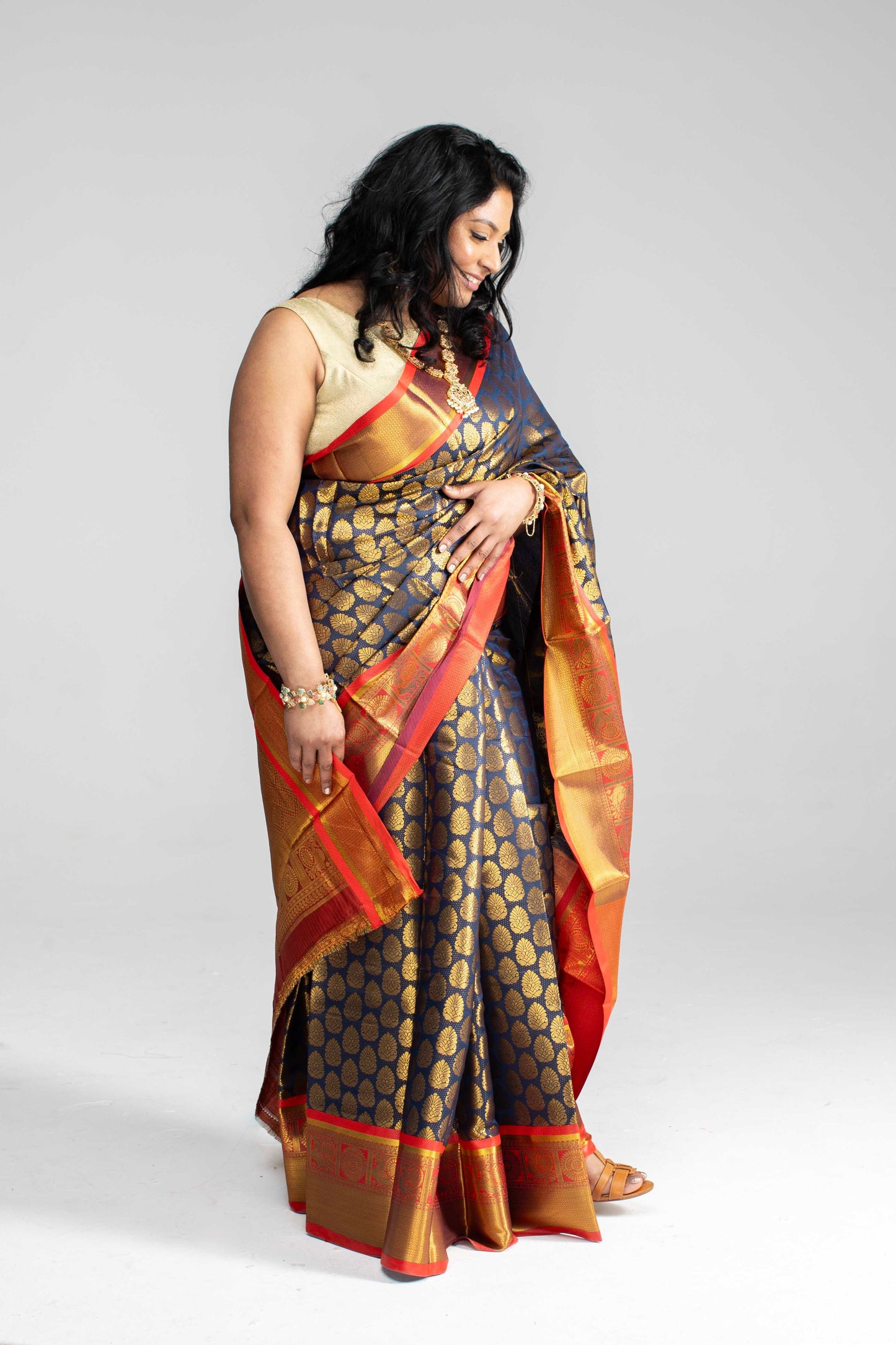 Rich Navy Blue Saree with Red Border & Pallu – Gold Butta Motifs | Available in 4 Elegant Colours