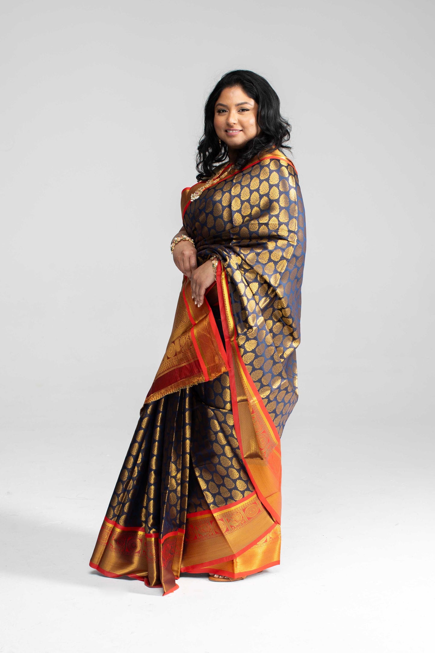 Rich Navy Blue Saree with Red Border & Pallu – Gold Butta Motifs | Available in 4 Elegant Colours