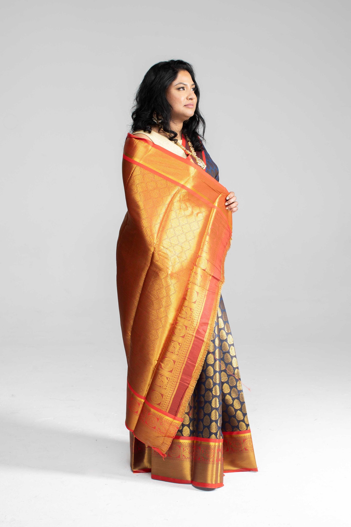 Rich Navy Blue Saree with Red Border & Pallu – Gold Butta Motifs | Available in 4 Elegant Colours