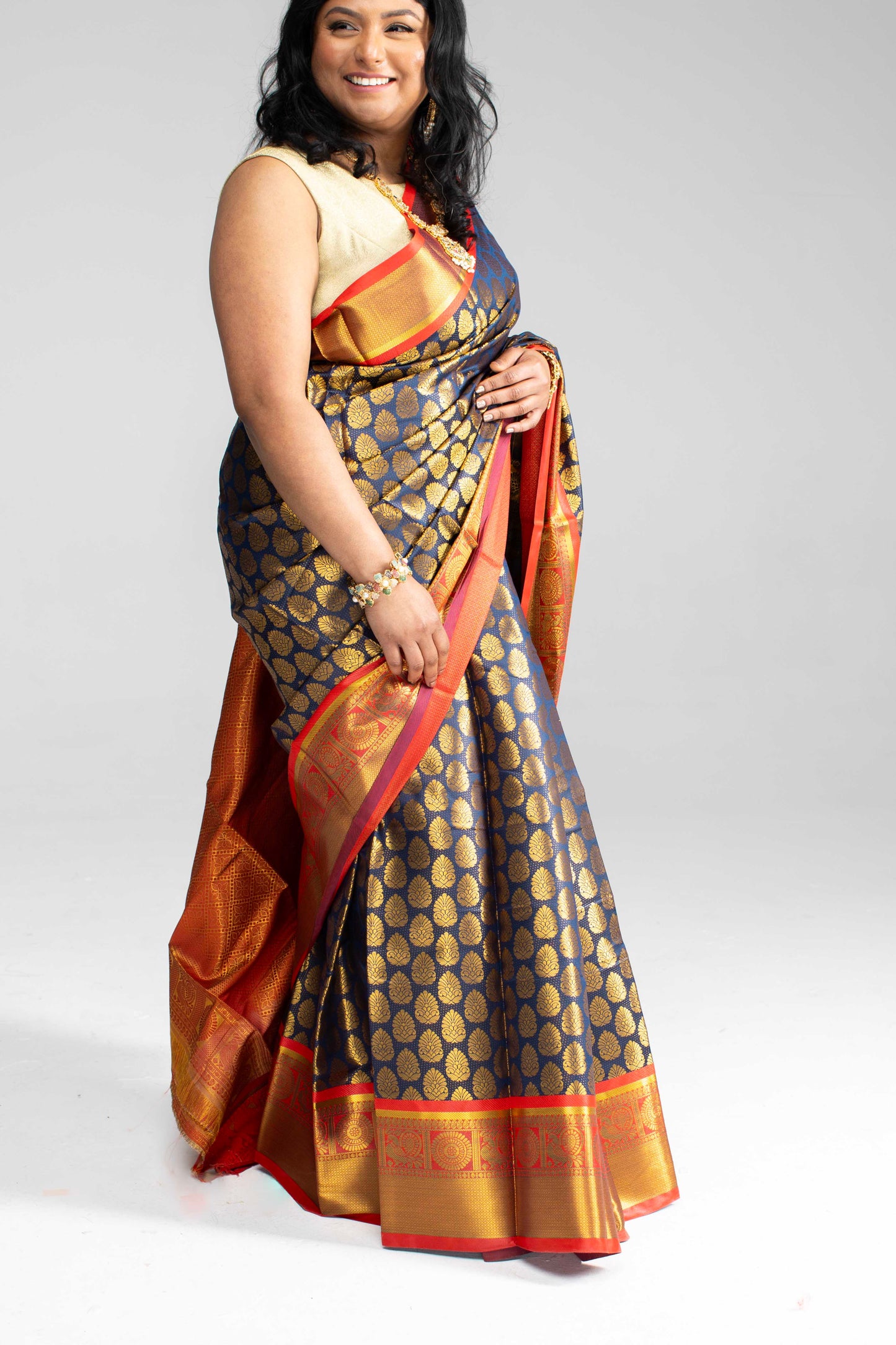 Rich Navy Blue Saree with Red Border & Pallu – Gold Butta Motifs | Available in 4 Elegant Colours
