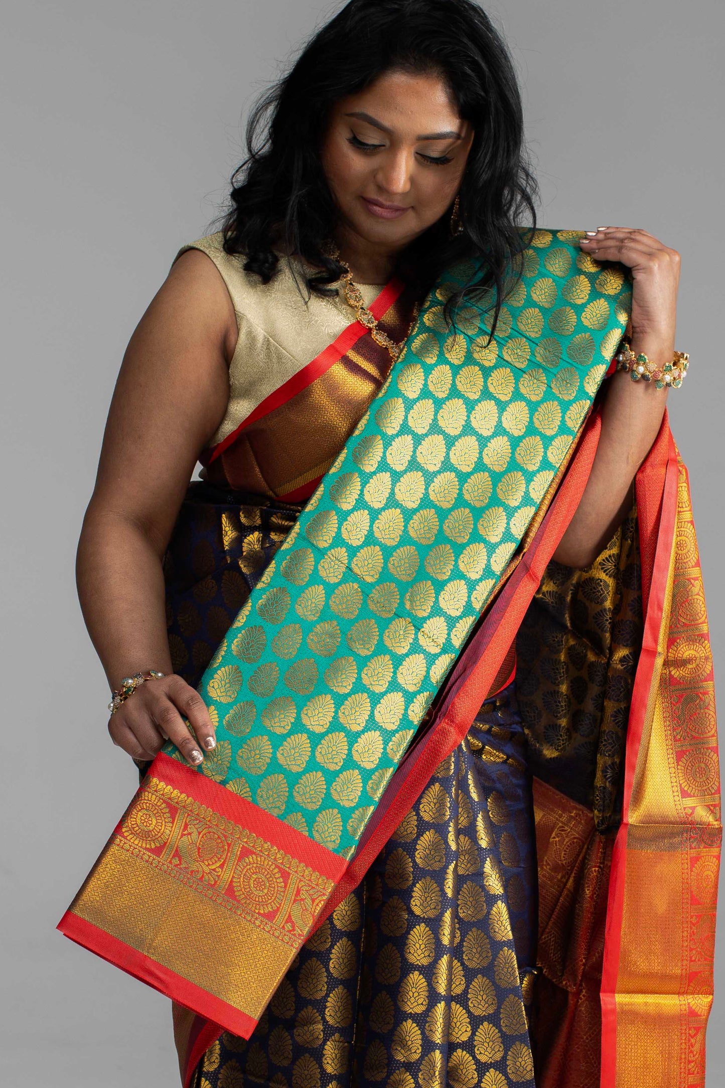 Rich Navy Blue Saree with Red Border & Pallu – Gold Butta Motifs | Available in 4 Elegant Colours