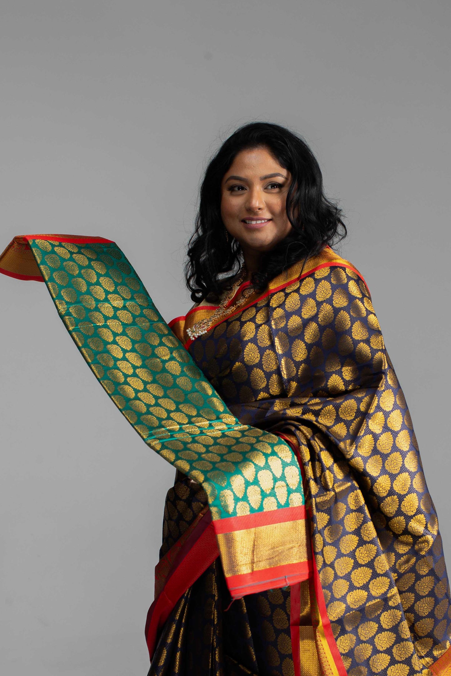 Rich Navy Blue Saree with Red Border & Pallu – Gold Butta Motifs | Available in 4 Elegant Colours