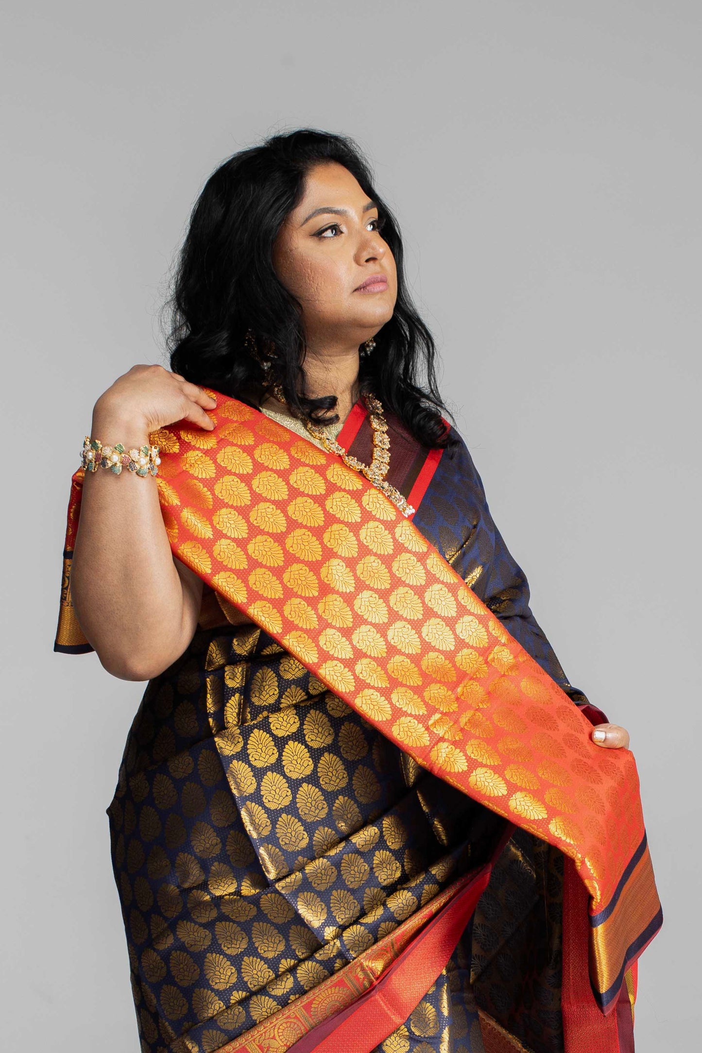 Rich Navy Blue Saree with Red Border & Pallu – Gold Butta Motifs | Available in 4 Elegant Colours