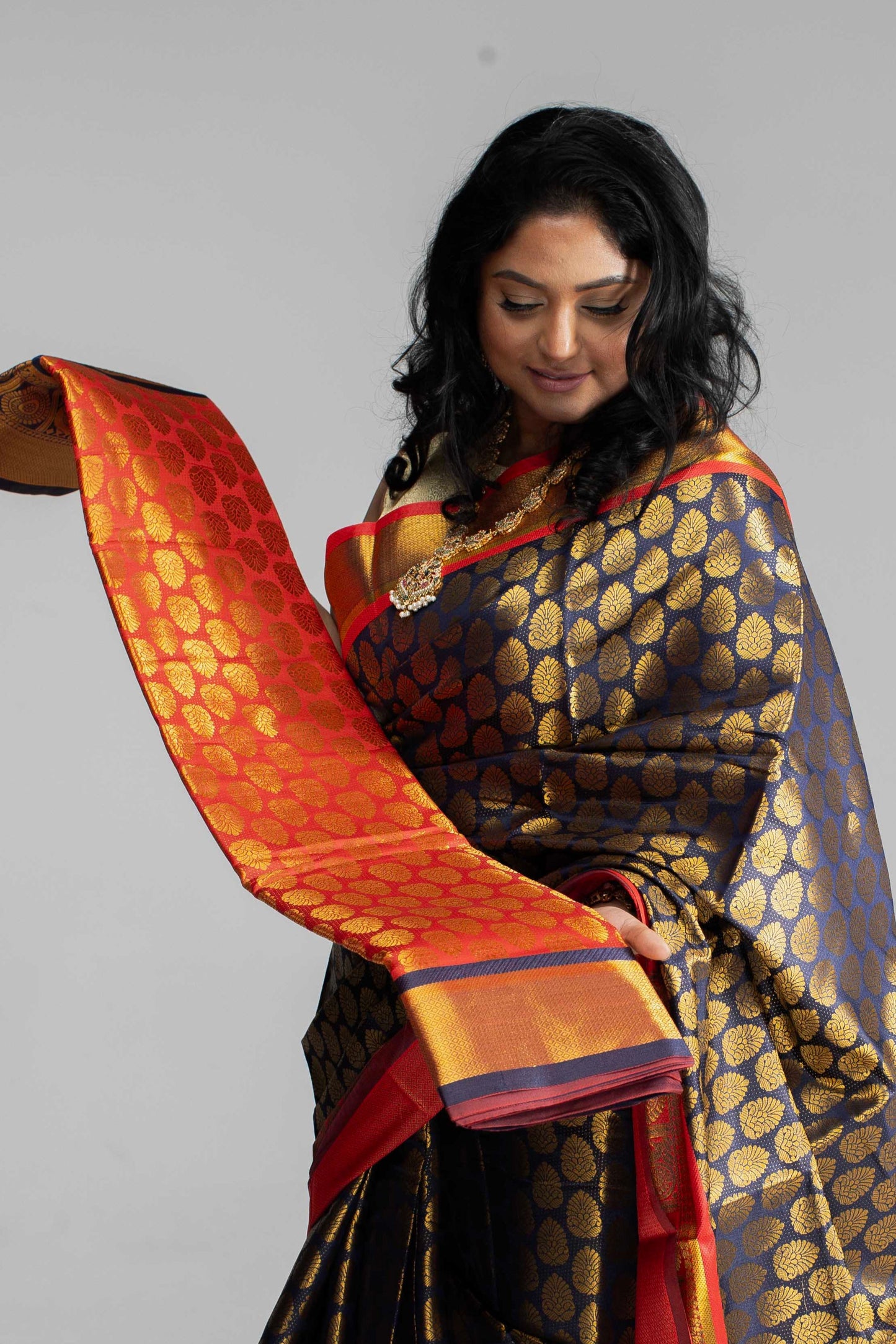 Rich Navy Blue Saree with Red Border & Pallu – Gold Butta Motifs | Available in 4 Elegant Colours