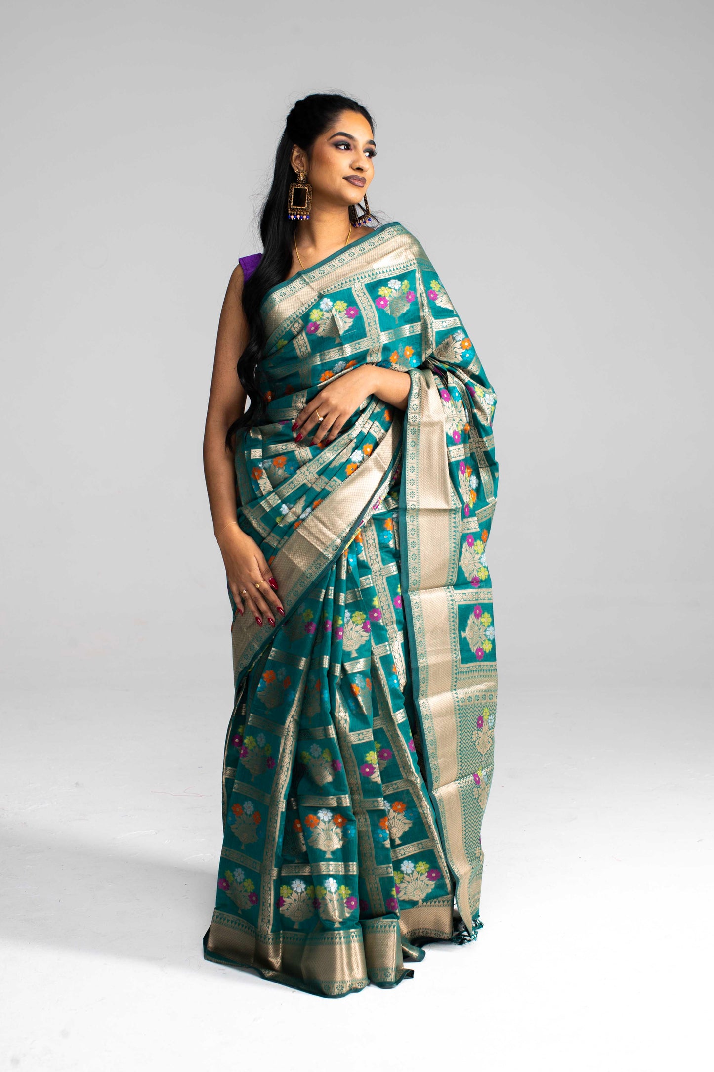 Teal Green Semi Cotton-Silk Saree with Gold Chequered Pattern & Floral Work