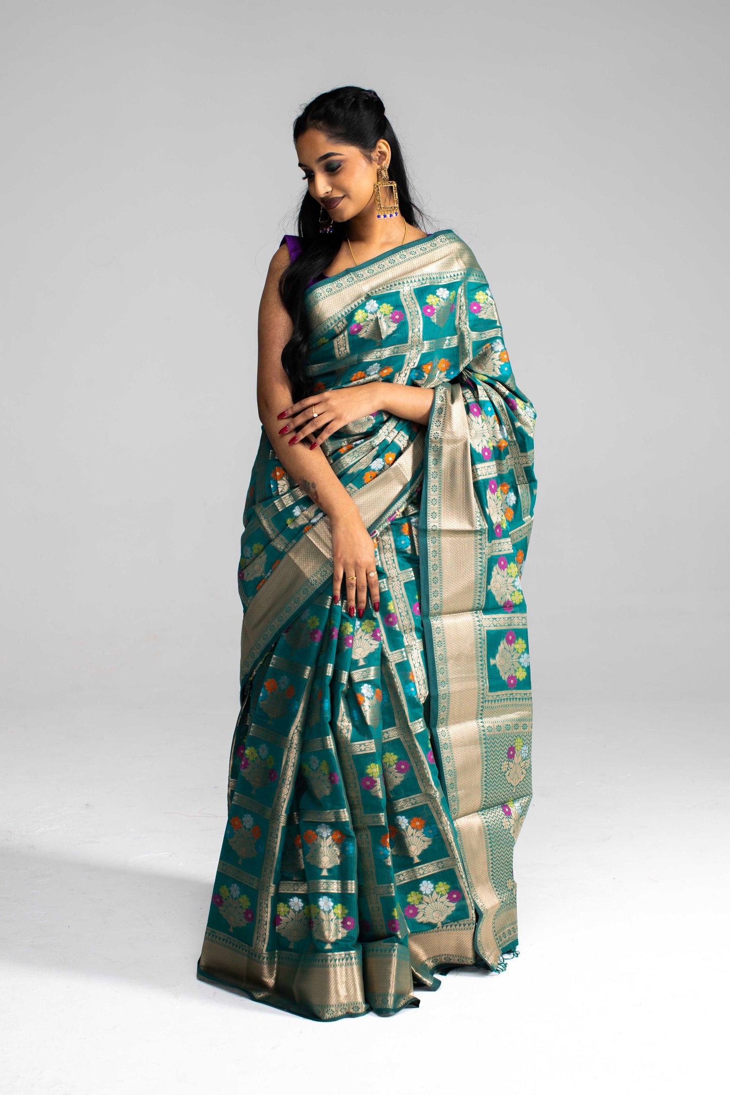 Teal Green Semi Cotton-Silk Saree with Gold Chequered Pattern & Floral Work