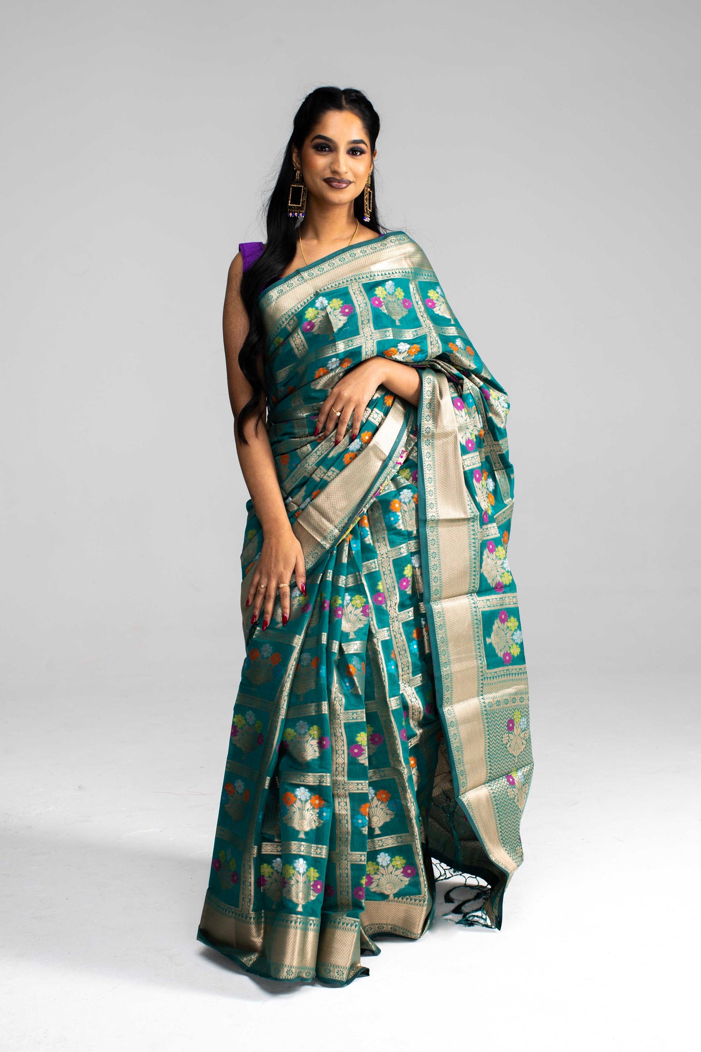 Teal Green Semi Cotton-Silk Saree with Gold Chequered Pattern & Floral Work