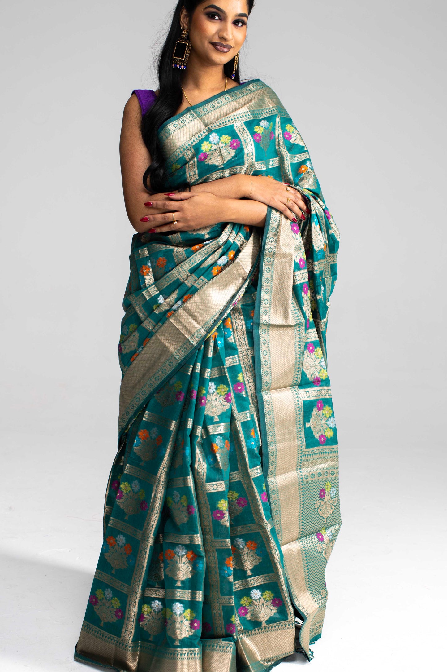 Teal Green Semi Cotton-Silk Saree with Gold Chequered Pattern & Floral Work