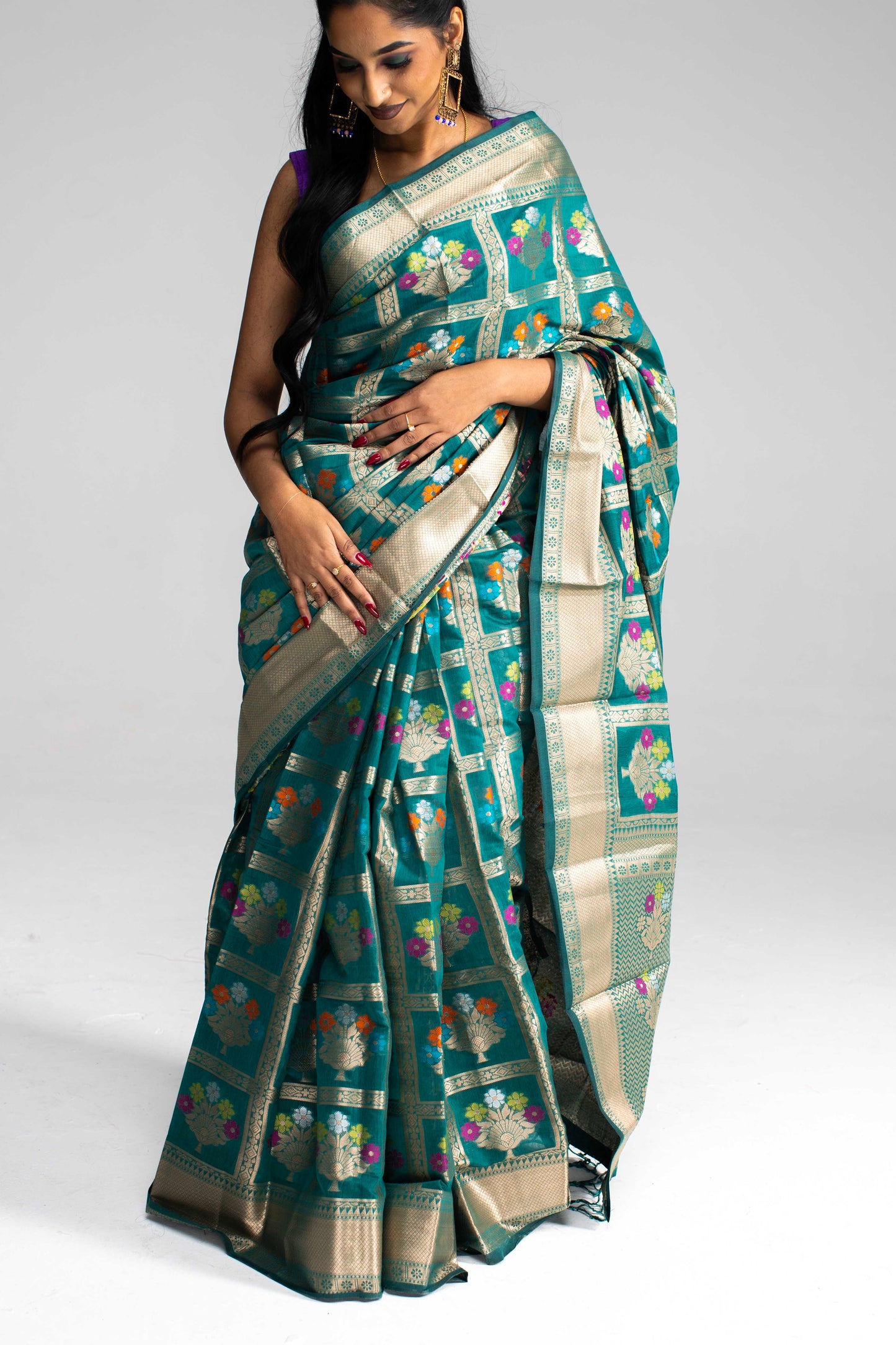 Teal Green Semi Cotton-Silk Saree with Gold Chequered Pattern & Floral Work