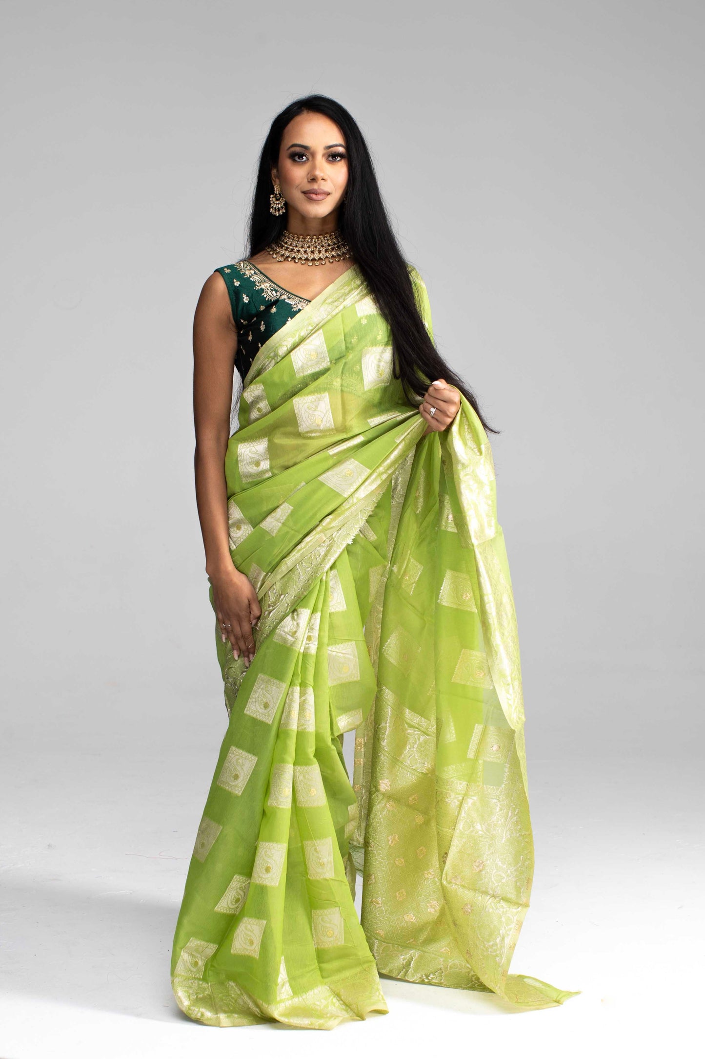 Lime Green Cotton Saree with Silver Jari