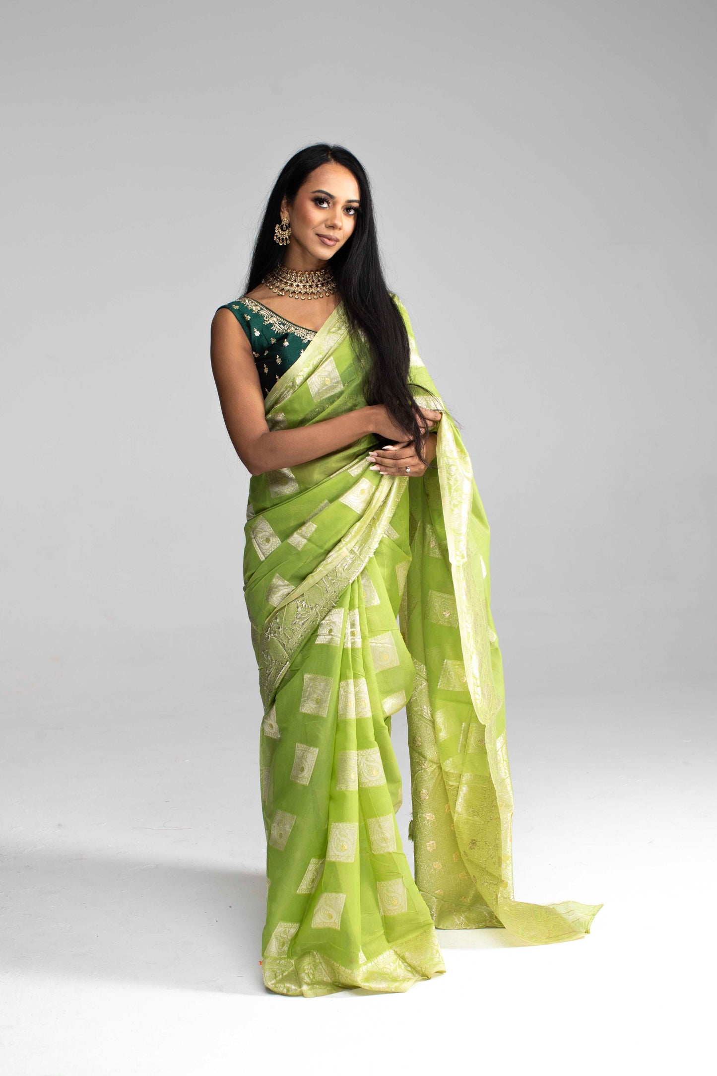 Lime Green Cotton Saree with Silver Jari
