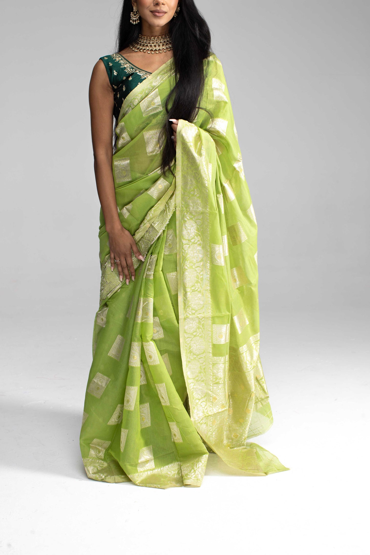 Lime Green Cotton Saree with Silver Jari