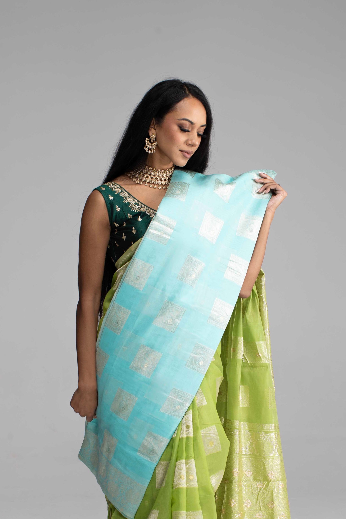 Lime Green Cotton Saree with Silver Jari