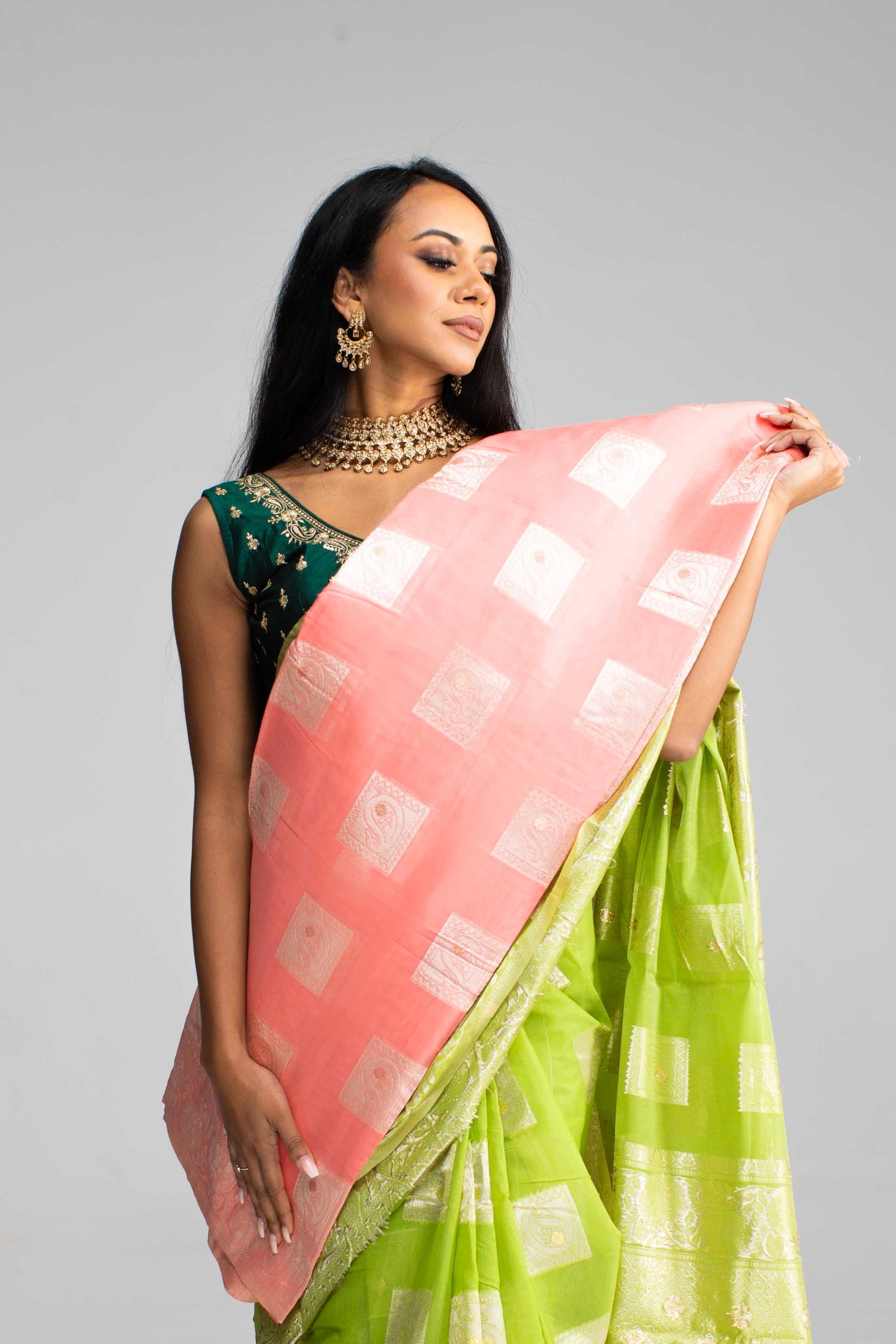 Lime Green Cotton Saree with Silver Jari