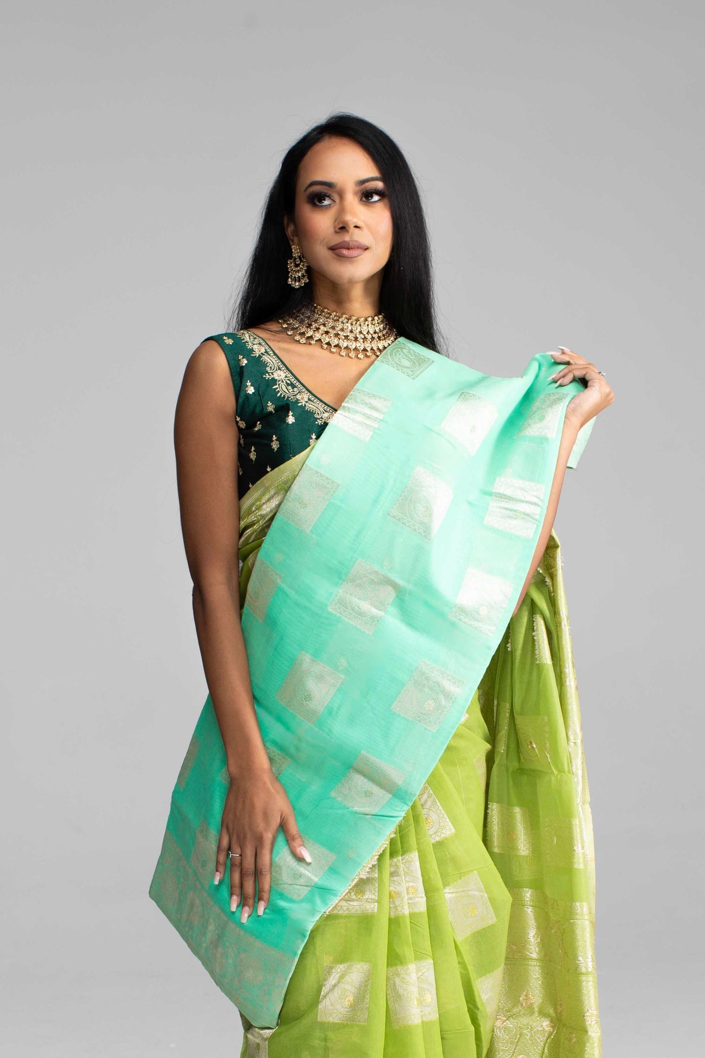 Lime Green Cotton Saree with Silver Jari