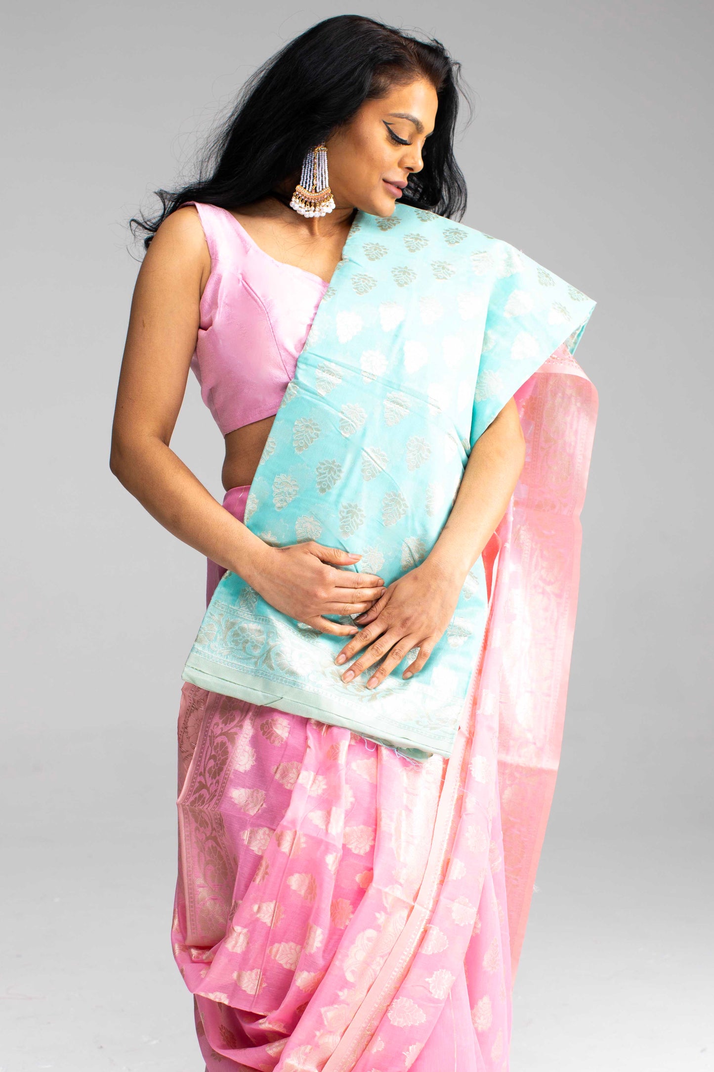 Baby Pink Cotton Saree with Silver Work & Jari