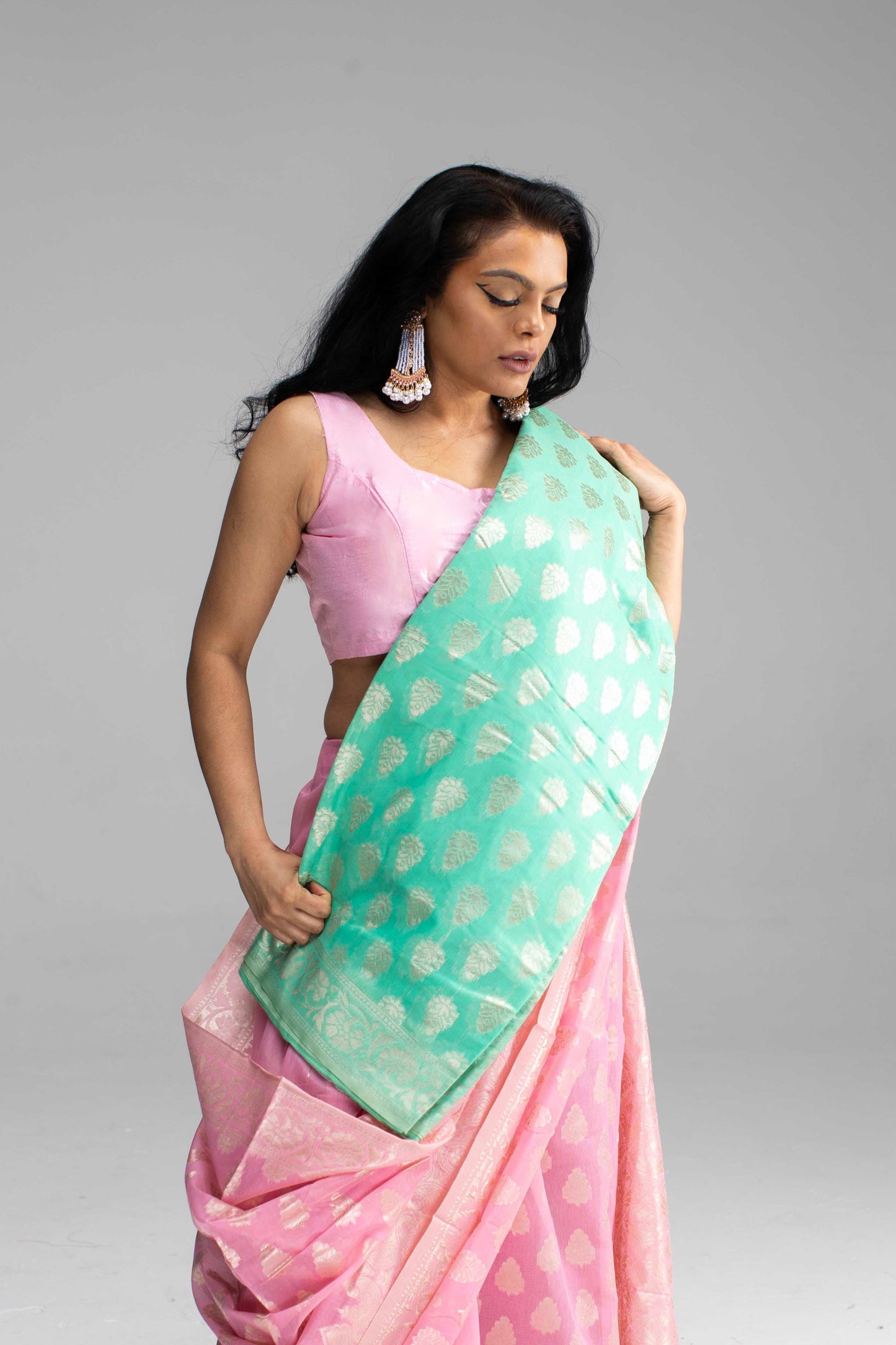 Baby Pink Cotton Saree with Silver Work & Jari