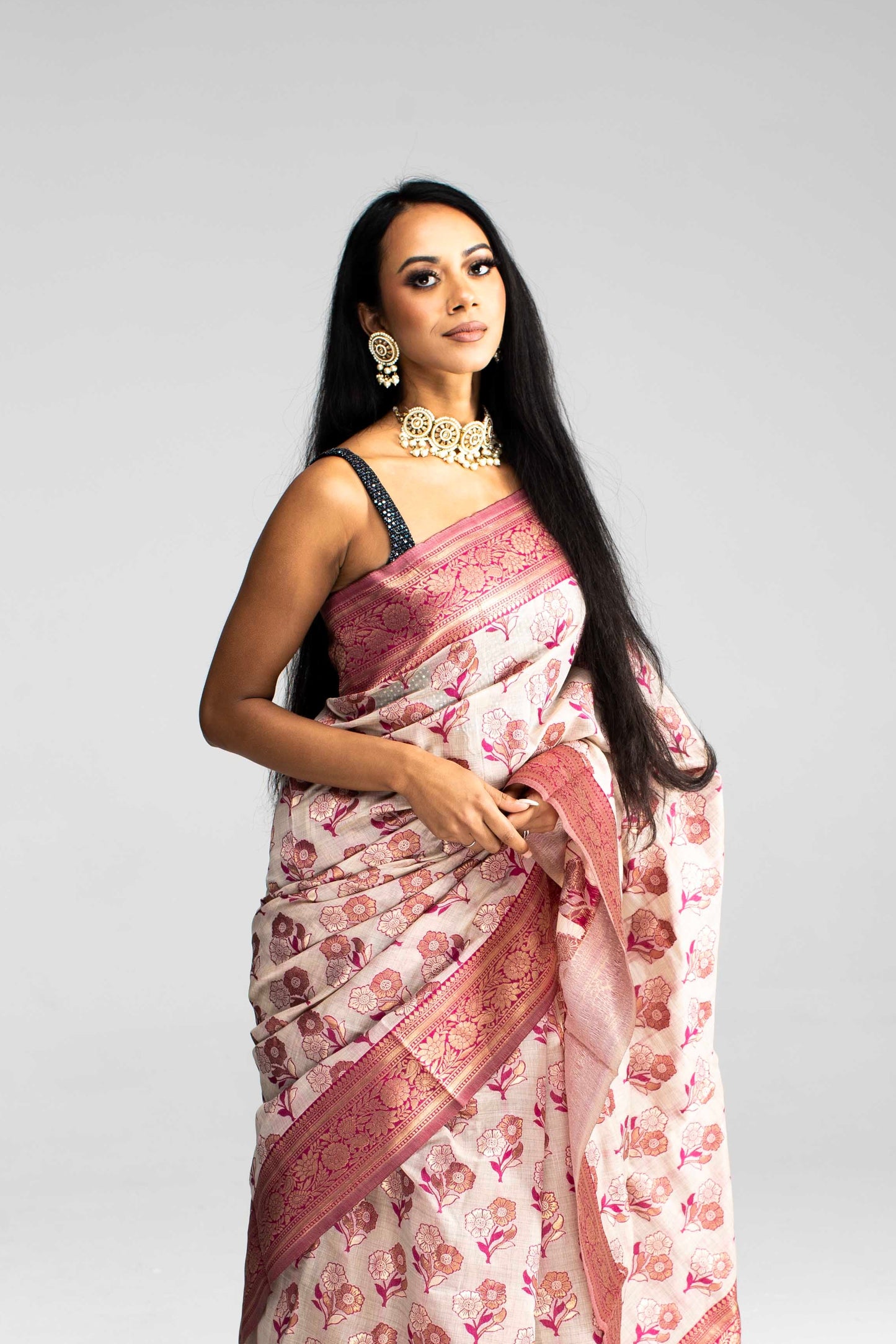 Cotton Saree with Silk Border & Floral Weave – Available in 5 Colours
