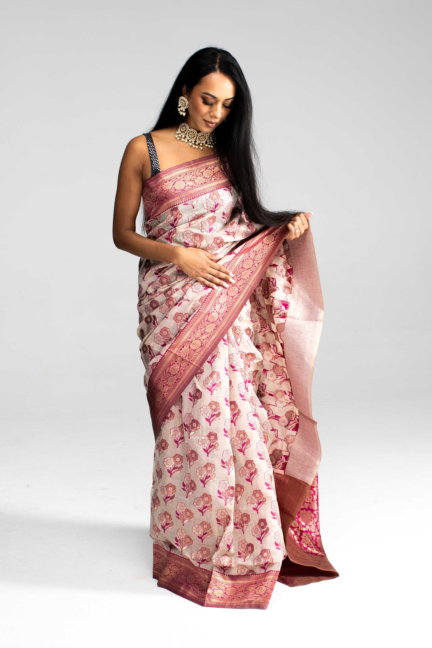 Cotton Saree with Silk Border & Floral Weave – Available in 5 Colours